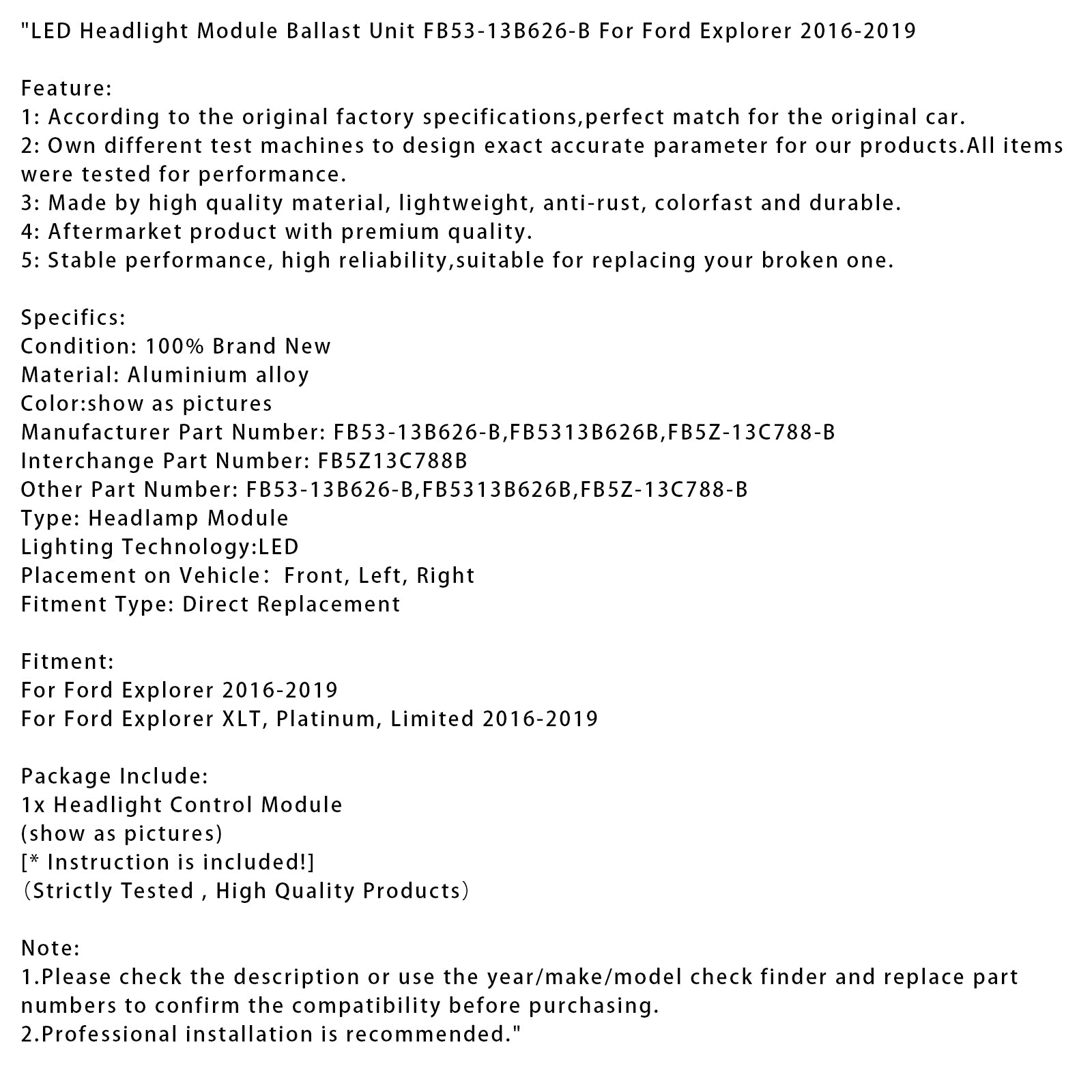 LED-strålkastarmodul Ballastenhet FB53-13B626-B för Ford Explorer 2016-2019