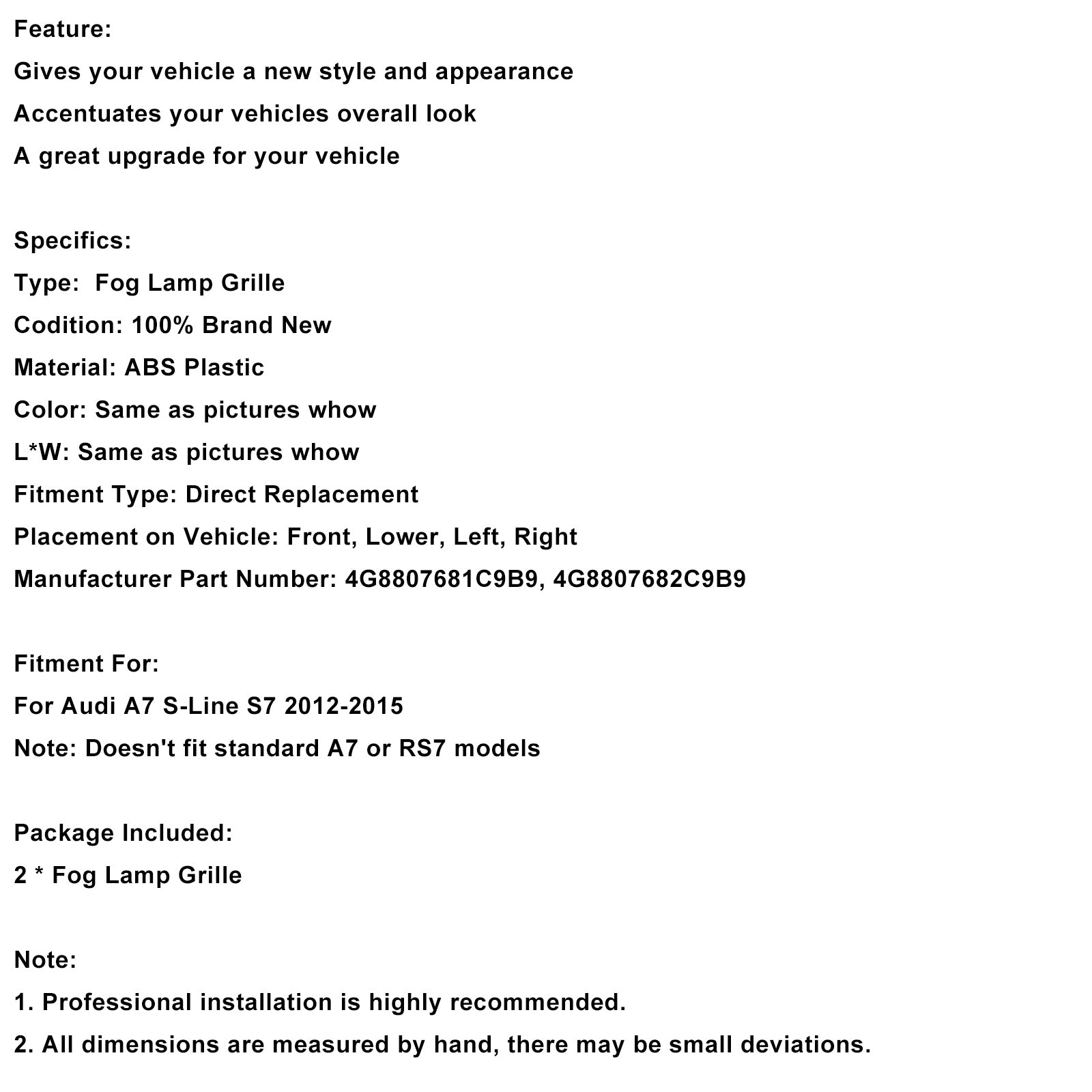 2012-2015 Audi A7 S-Line S7 Svart främre stötfångare Dimljus Grillskyddsram