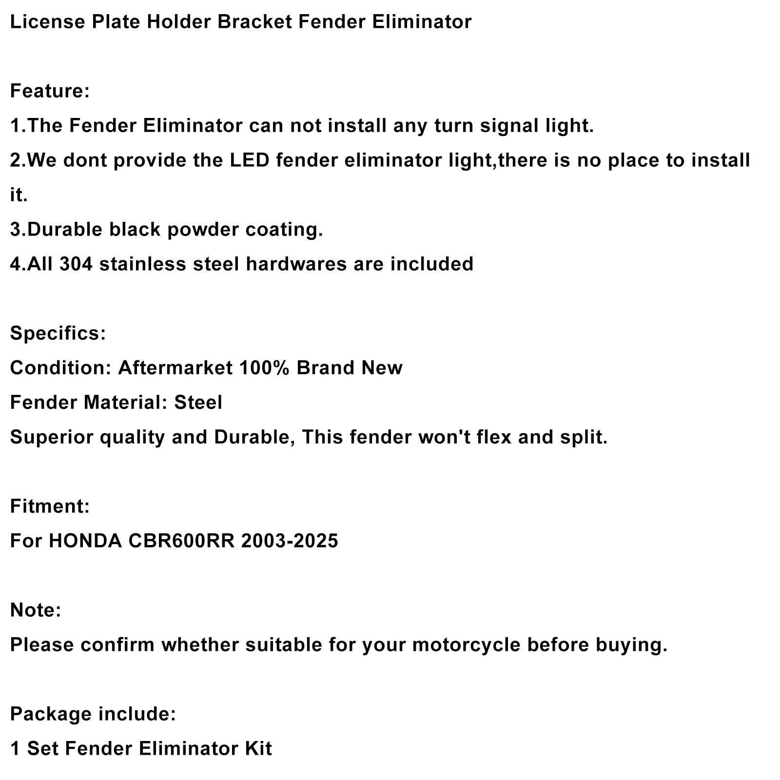 2003-2025 HONDA CBR600RR Soporte para matrícula Eliminador de guardabarros