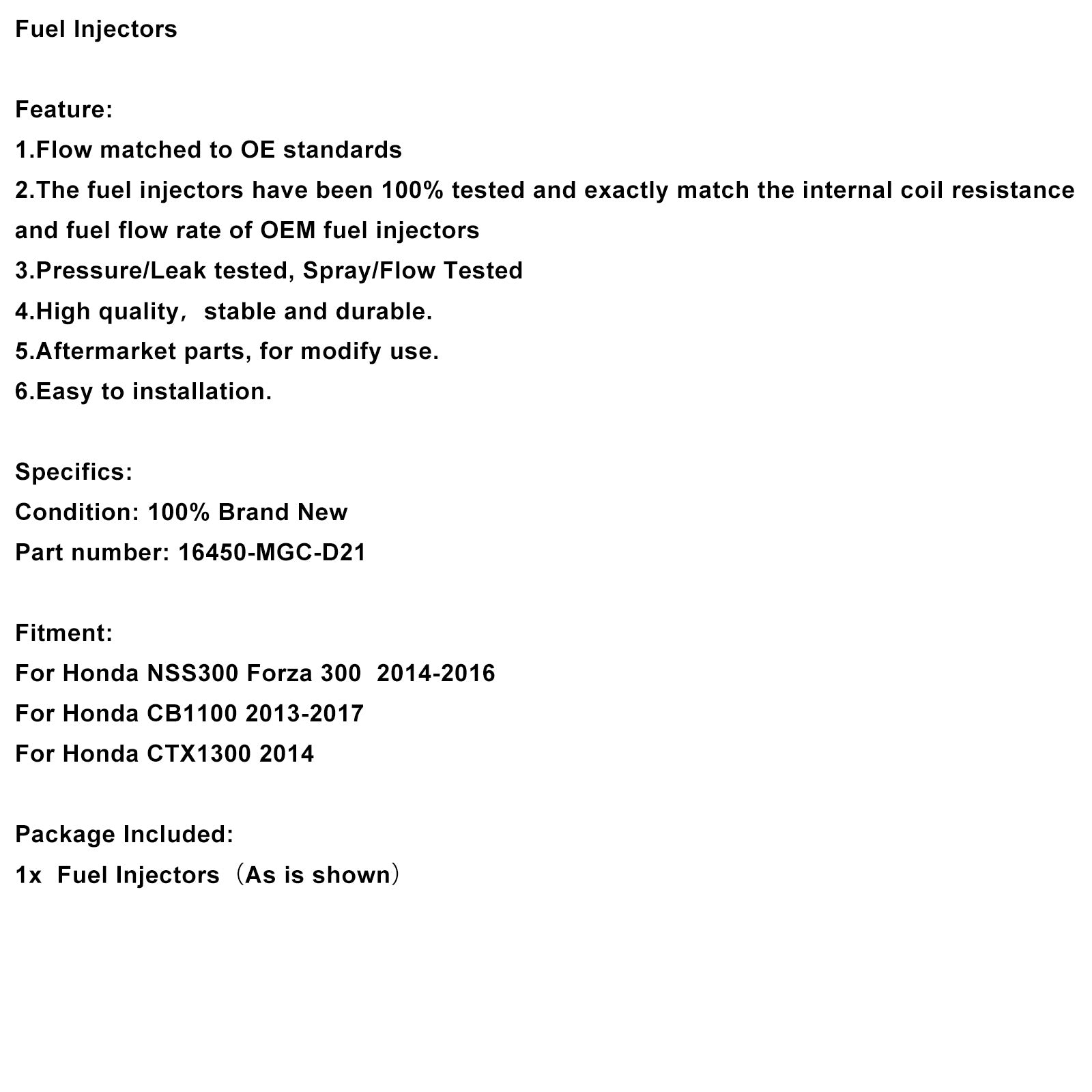Fuel Injectors Fit for Honda CB1100 2013-2017 NSS300 Forza 300 16450-MGC-D21