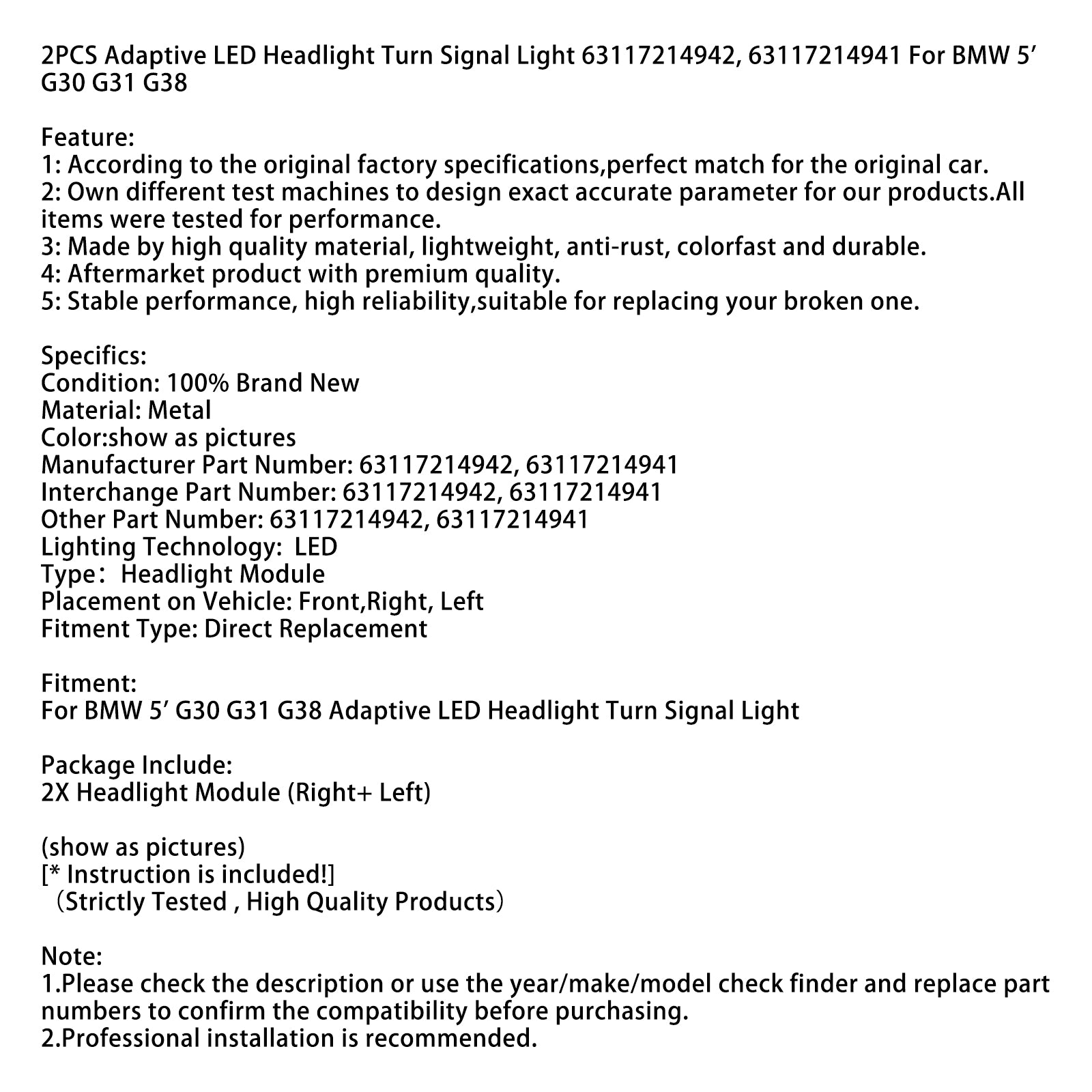 BMW 5' G30 G31 2PCS adaptieve koplamp richtingaanwijzer 63117214942 941
