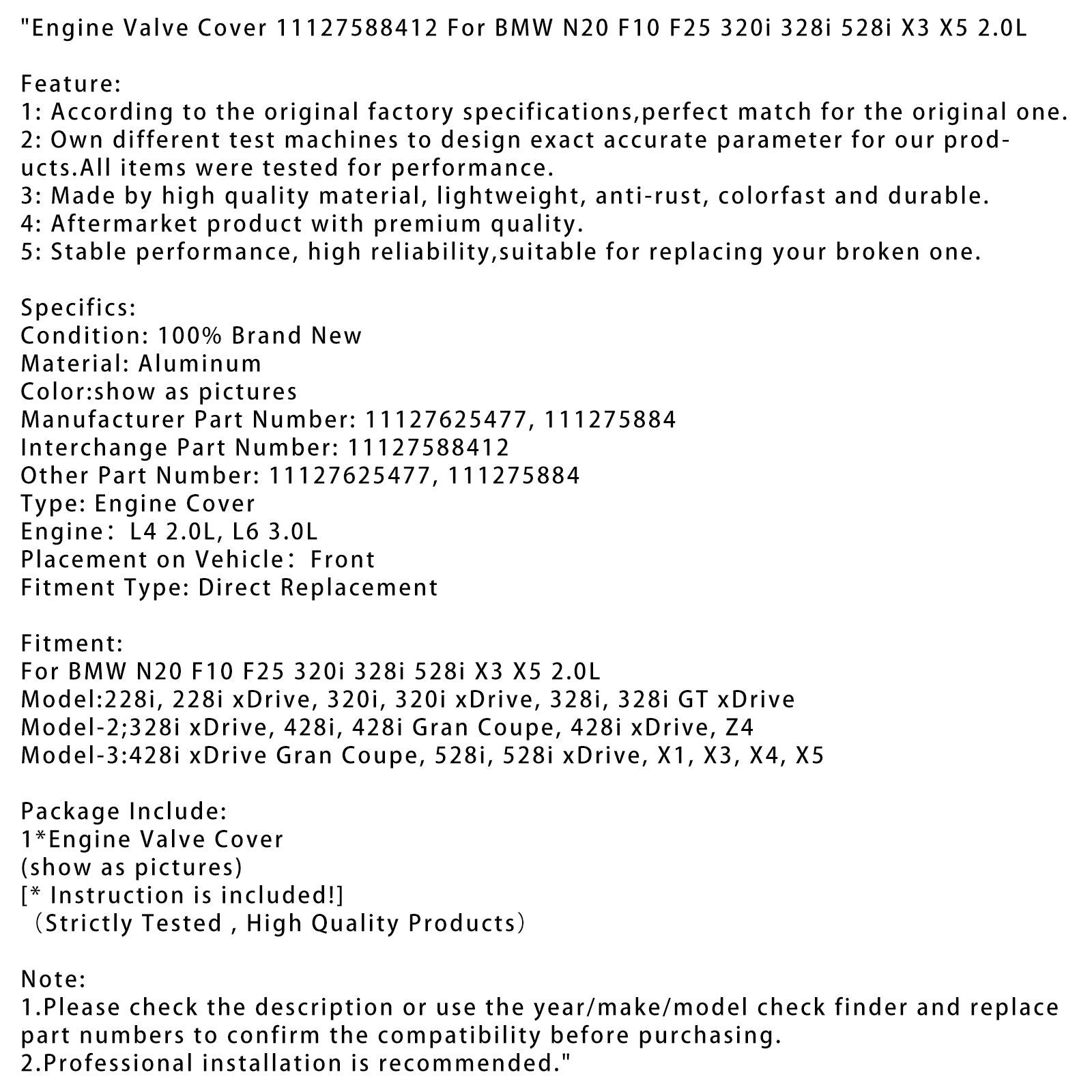 BMW N20 F10 F25 320I 328I 528I X3 X5 2.0L MOTOR VALVLUKT 11127588412