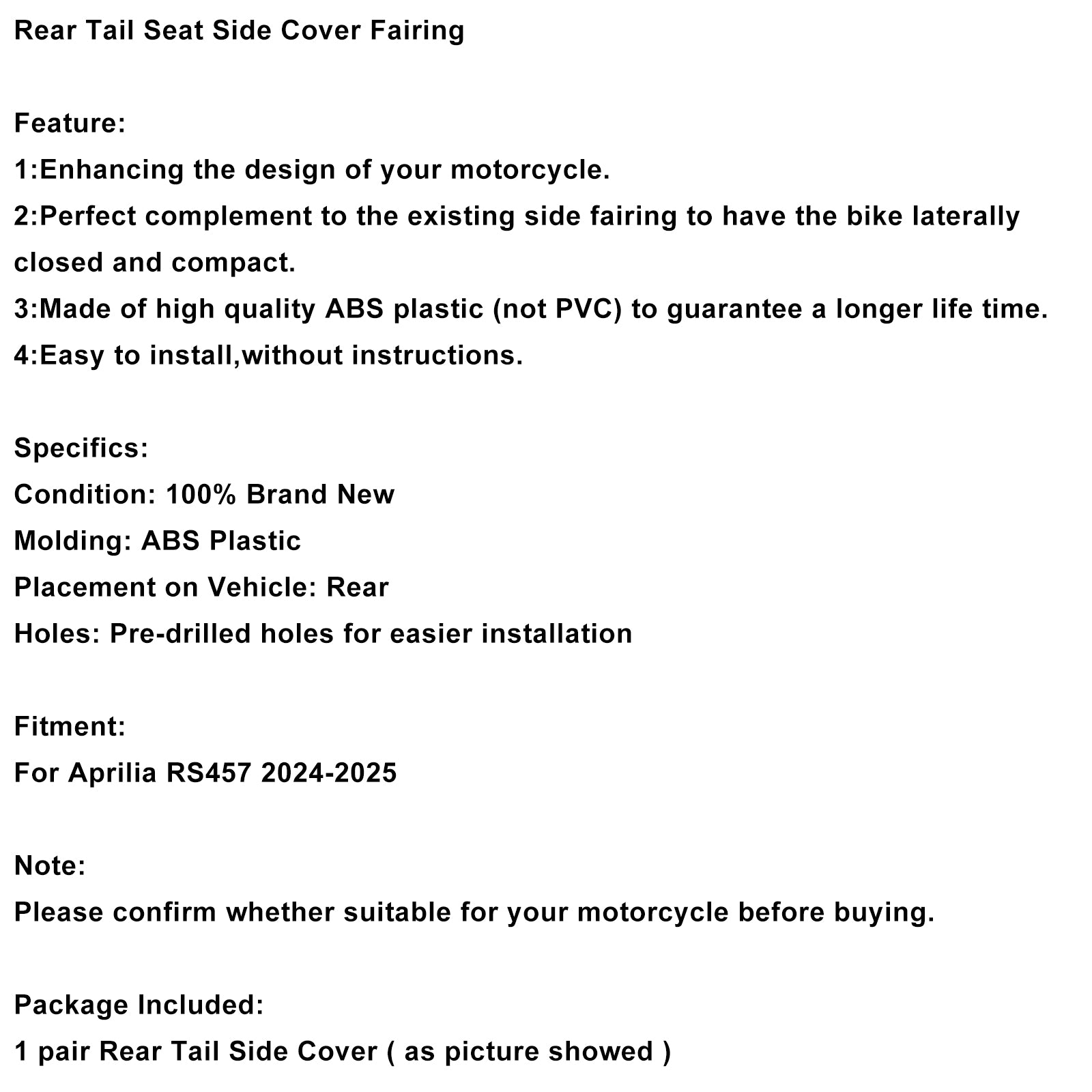 Bakre setesidedeksel Fairing for Aprilia RS457 RS 457 2024-2025