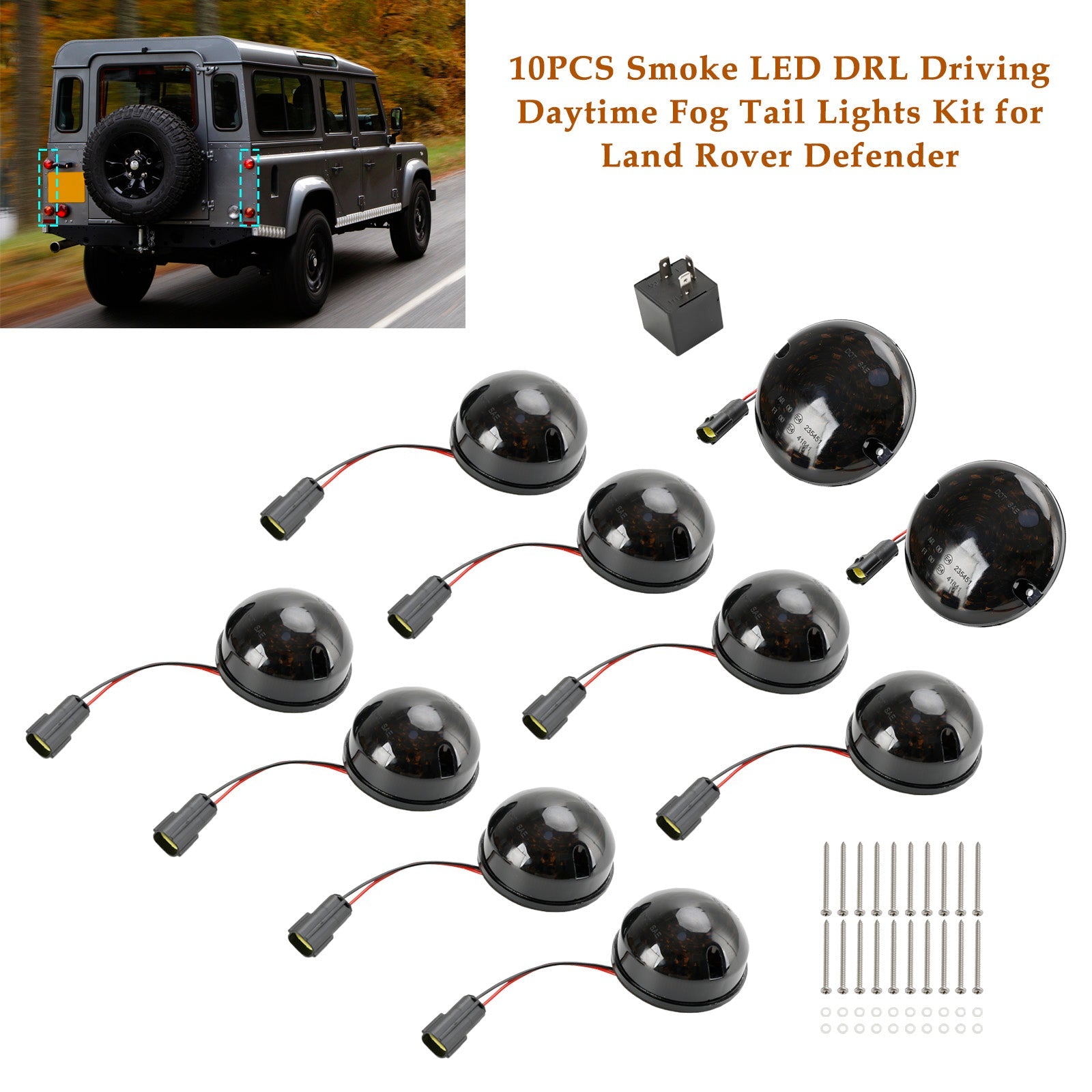 1990-2016 Land Rover Defender Defender 90/110 Smoke LED DRL Driving Daytime Fog Tail Lights Kit 10PCS