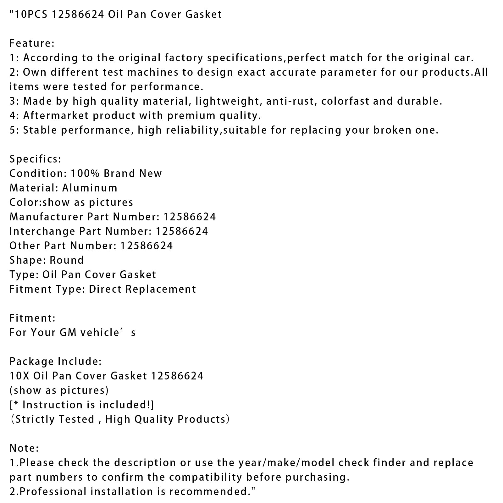 10PCS 12586624 Oil Pan Cover Gasket