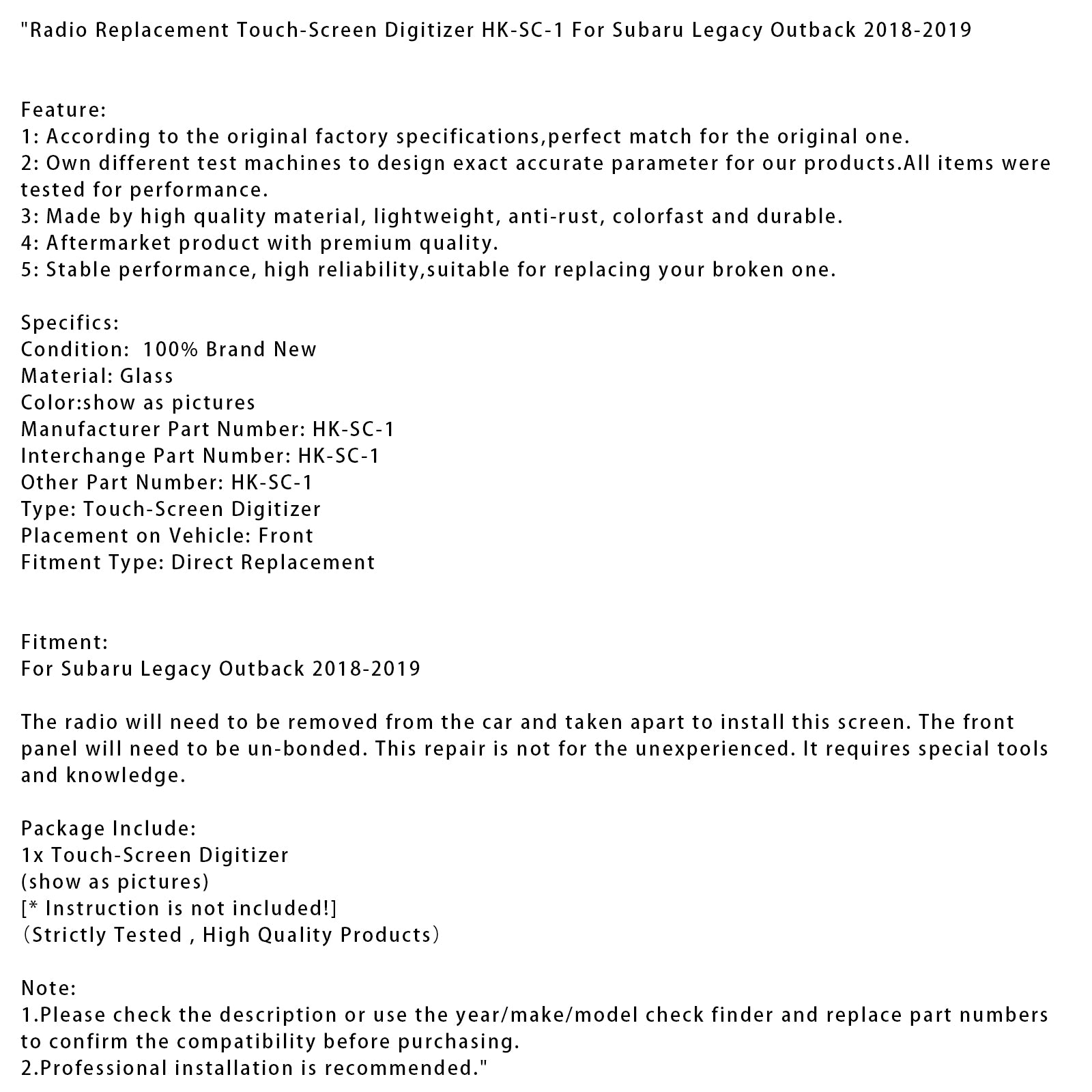 2018-2019 Subaru Legacy Outback Substituição de rádio Digitalizador de tela de toque HK-SC-1