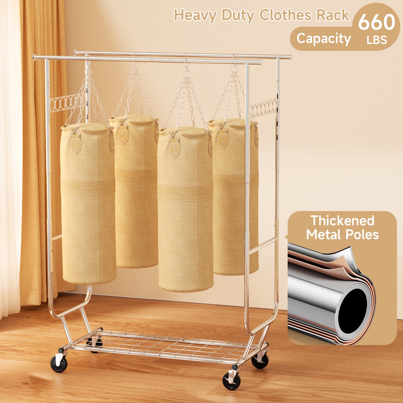 660lbs Clothing Racks with Wheels Heavy Duty Clothes Rack Metal Clothes Storage Portable Closet