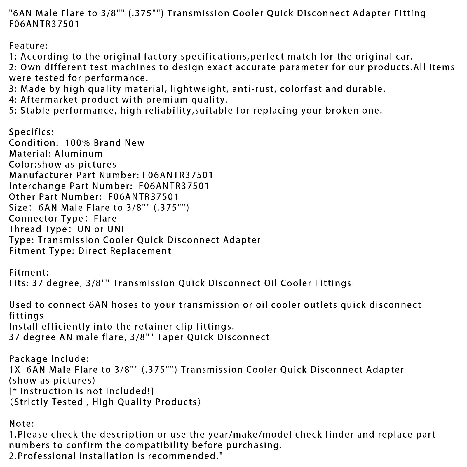6AN Mannelijke Flare naar 3/8" (.375") Snelkoppelingsadapter voor transmissiekoeler