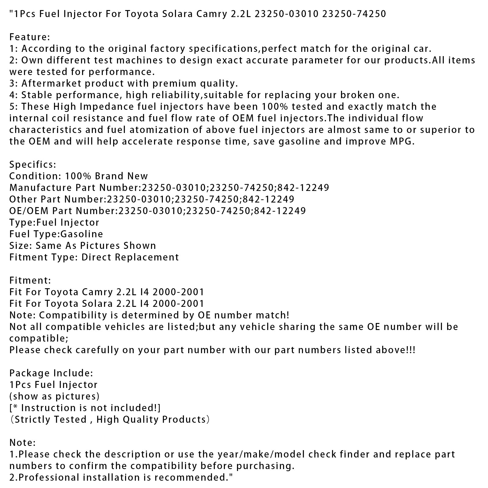 2000-2001 Toyota Solara Camry 2.2L 1Pcs Fuel Injector For 23250-03010 23250-74250
