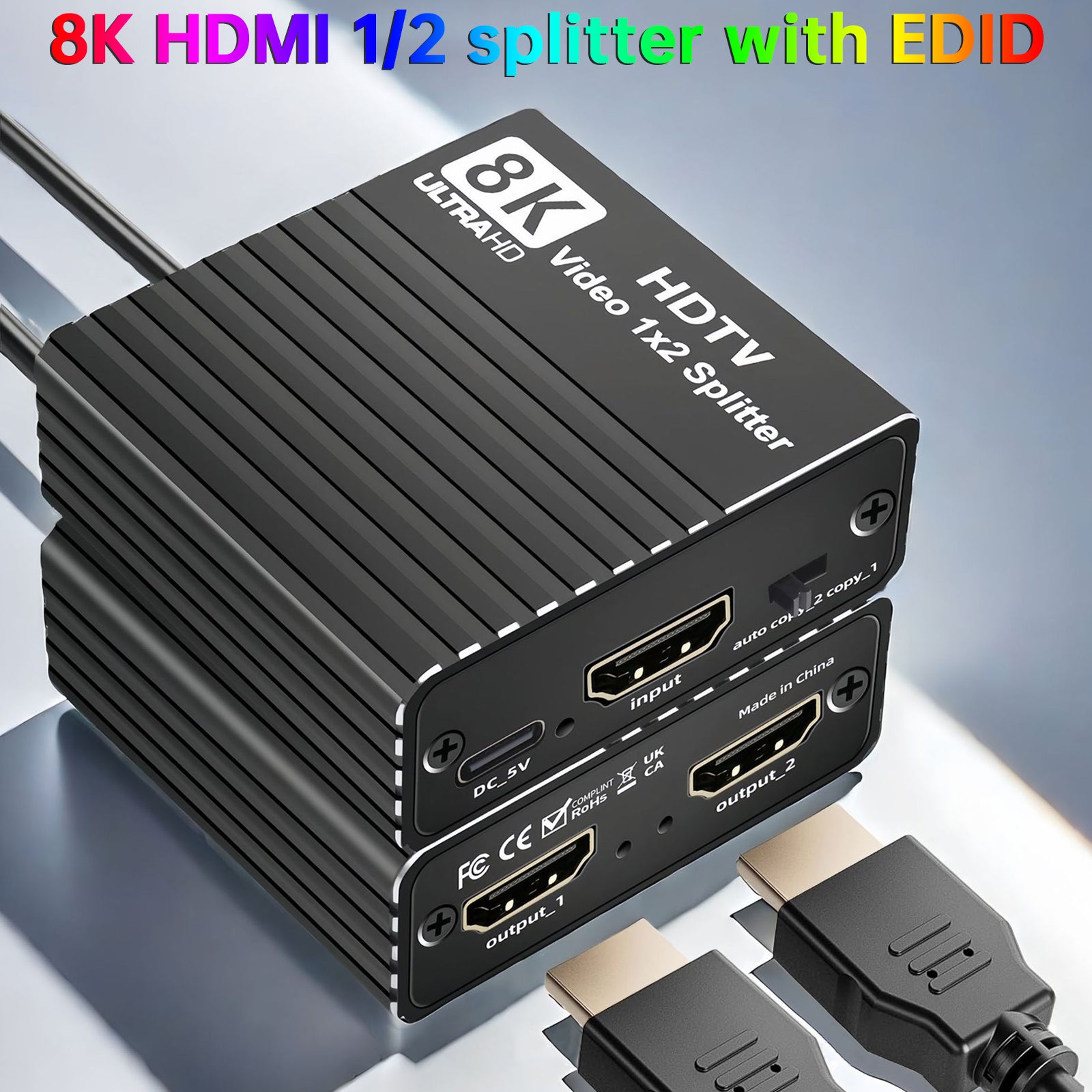 8K HDMI 1 naar 2 splitter HD2.1 8K60hz/4K120hz/1080P240hz met EDID-splitter 1x2