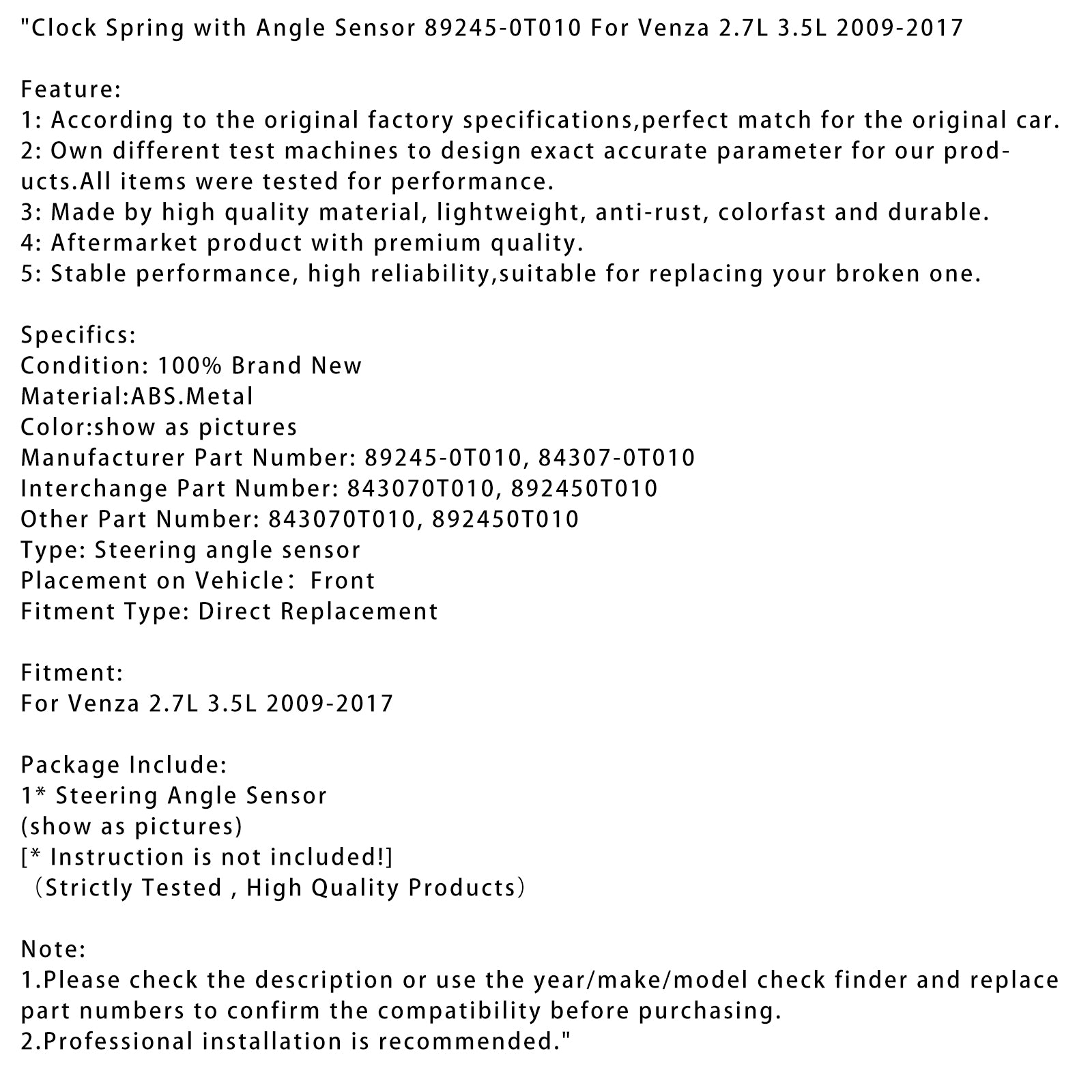 2009-2017 Venza 2.7L 3.5L Spring relógio com sensor de ângulo 89245-0T010