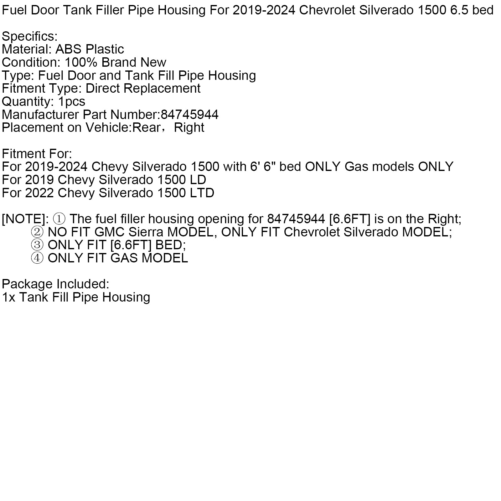 Fuel Door Tank Filler Pipe Housing 84745944 For Chevy Silverado 1500 6.6FT 19-24