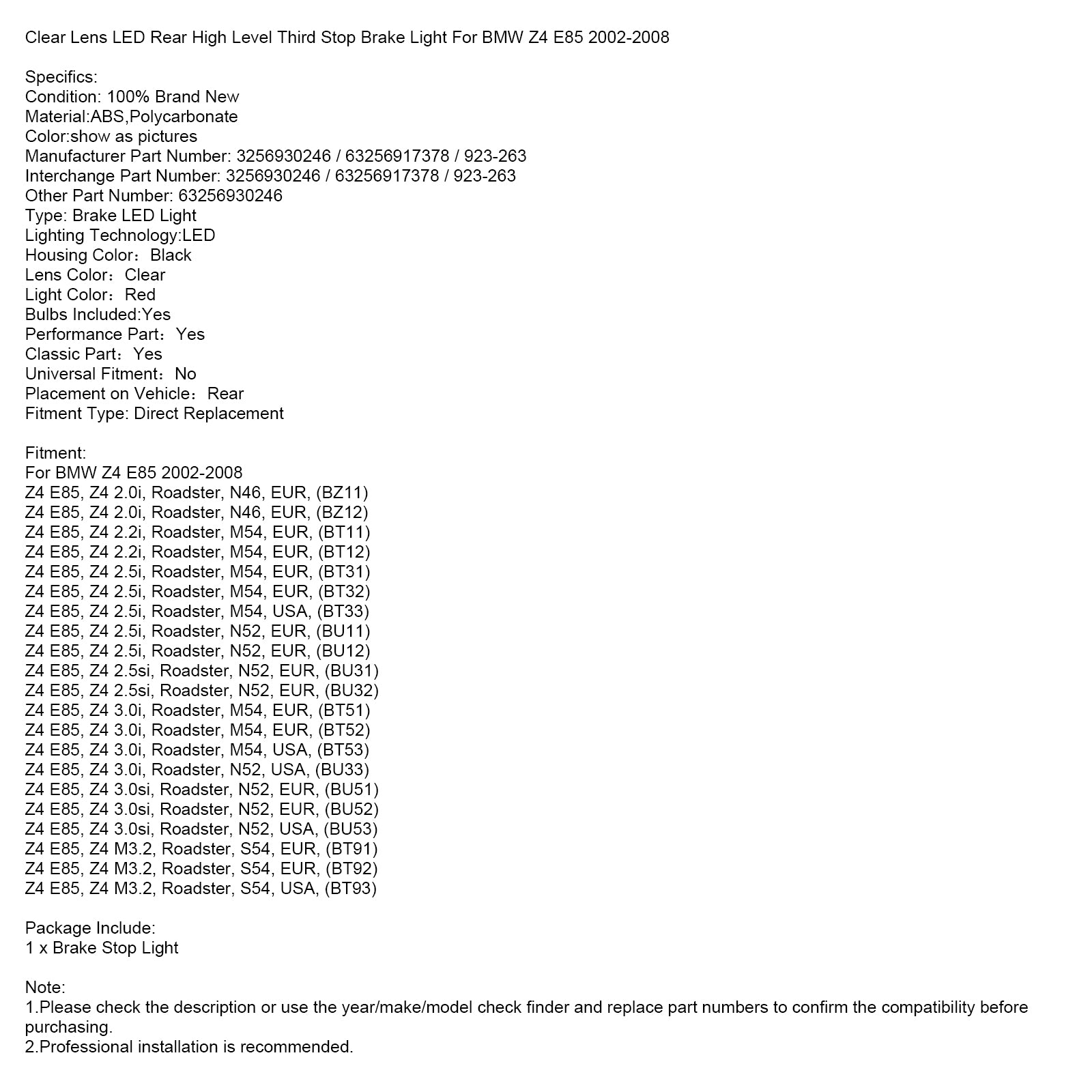 Čistá šošovka LED zadná zadná vysoká úroveň Tretia zastávka brzdové svetlo pre BMW Z4 E85 2002-2008