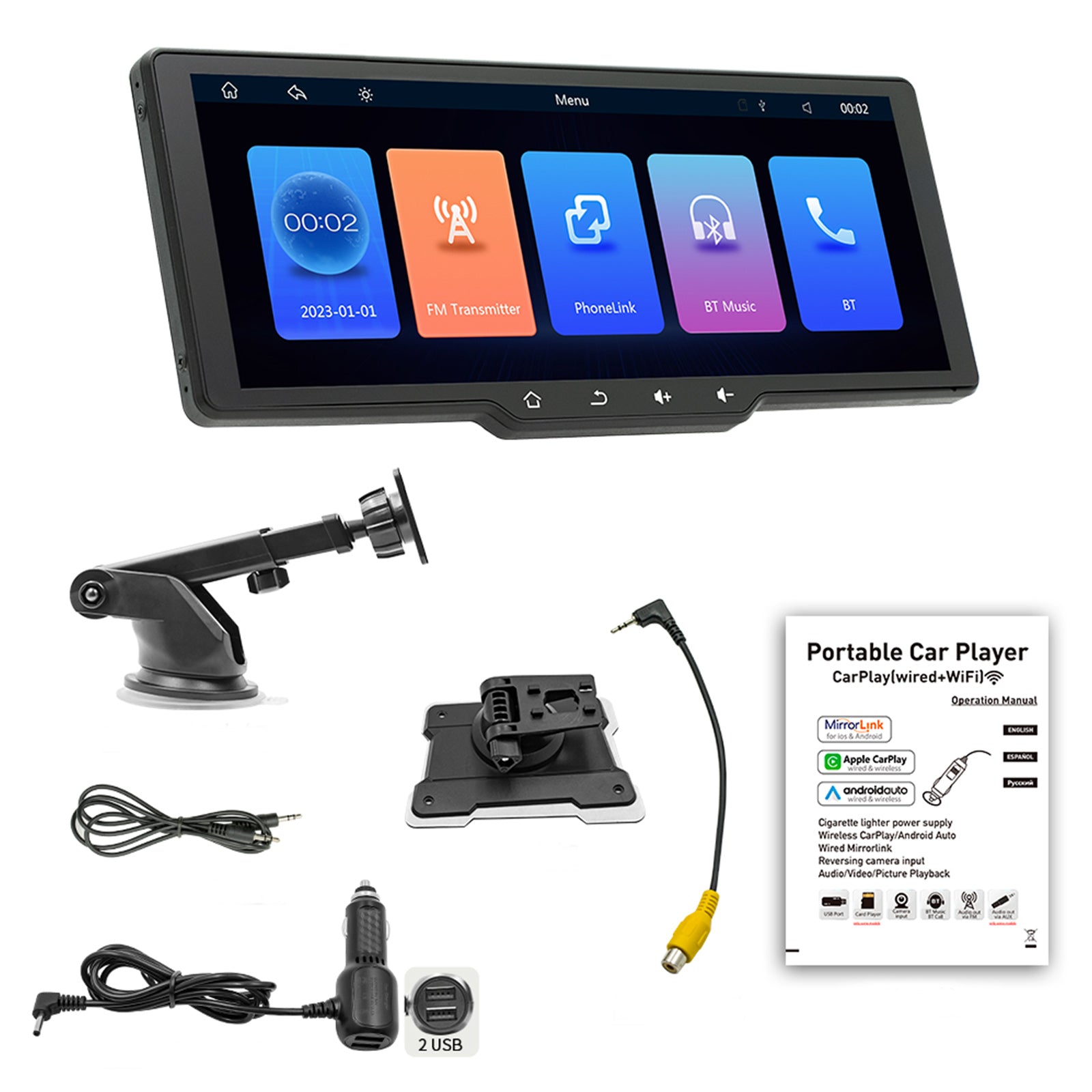 10.26" Screen Portable Wireless Carplay Car Bluetooth MP5 Player + 4 LED Camera