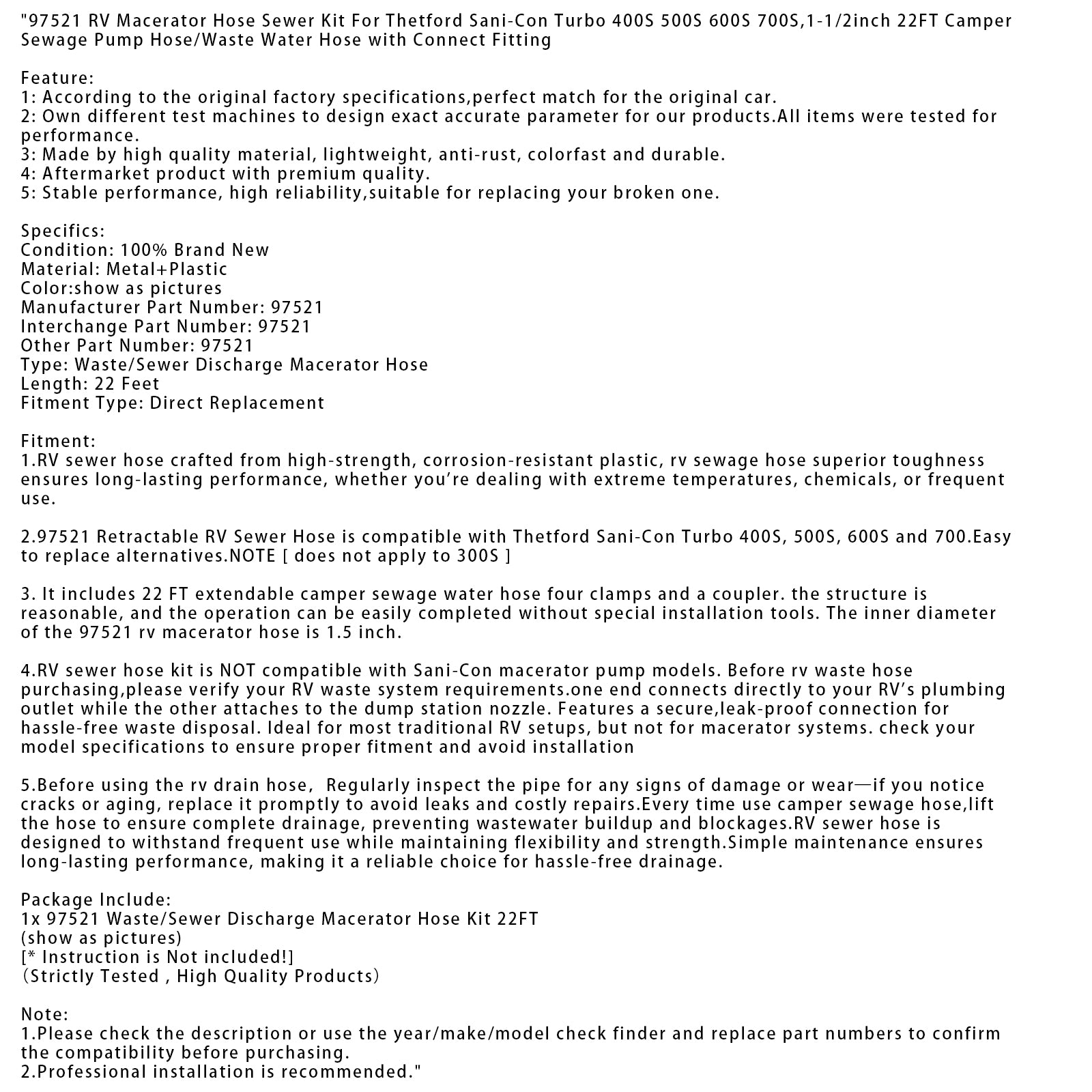 97521 RV Macerator Hose Sewer For Thetford Sani-Con Turbo 400S 1-1/2inch 22FT