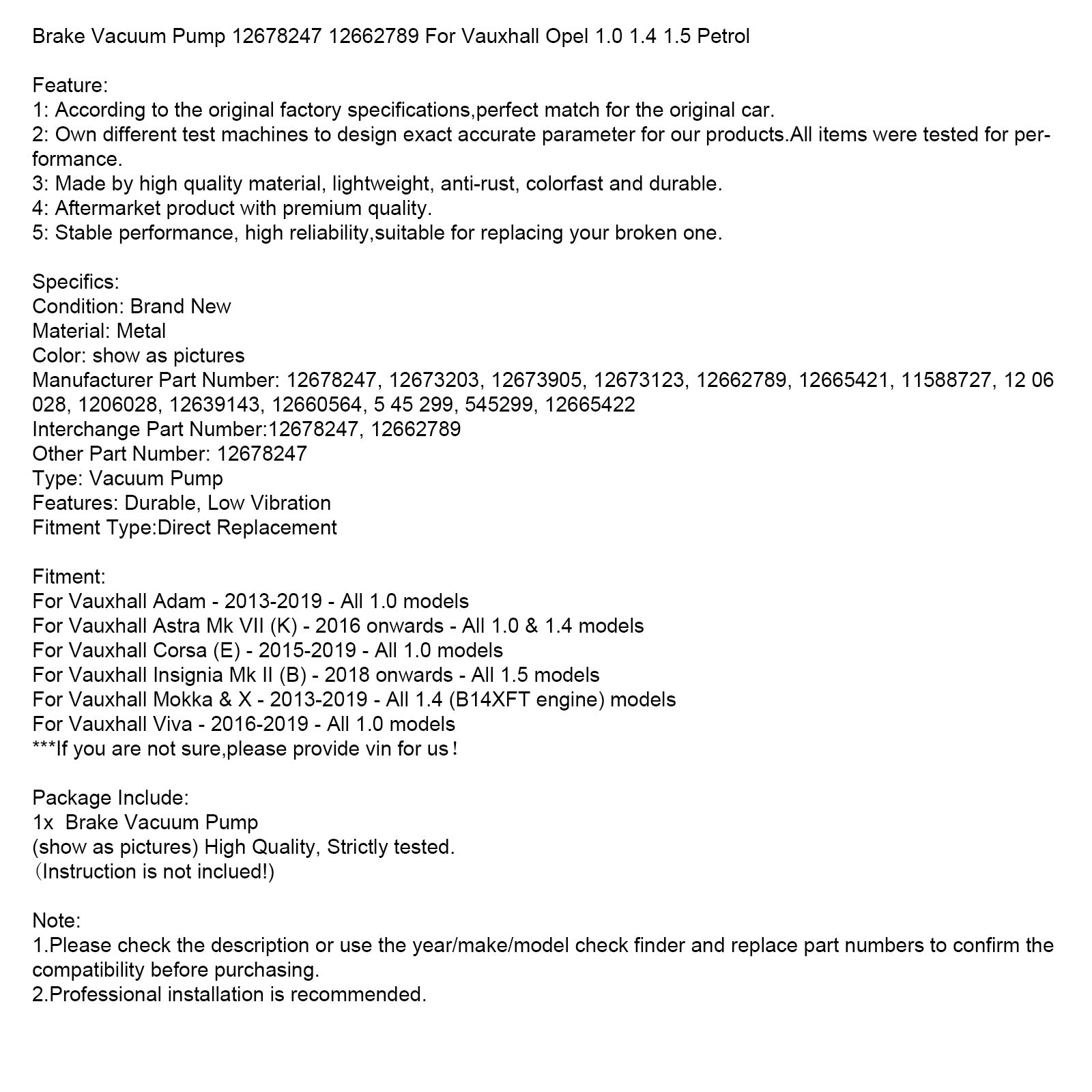 Opel Opel 1.0 1.4 1.5 Benzineremvacuümpomp 12678247 12662789