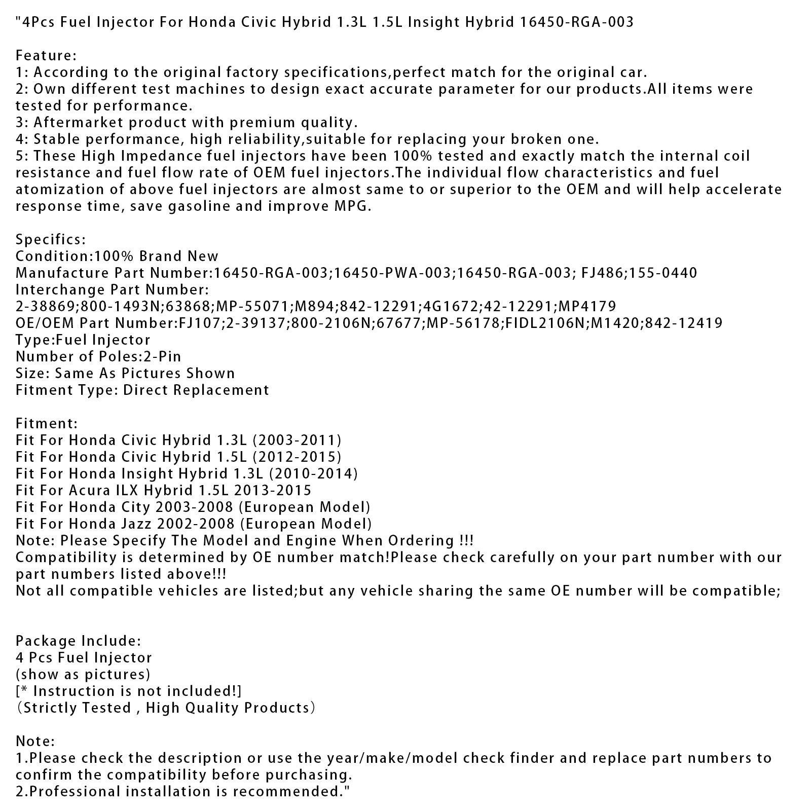 4Pcs Fuel Injector For Honda Civic Hybrid 1.3L 1.5L Insight Hybrid 16450-RGA-003