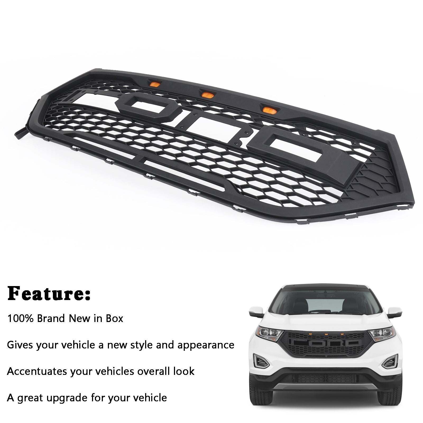 Edge Raptor Style Front Bumper Grill Upper Grille Black For Ford Edge 2015-2018