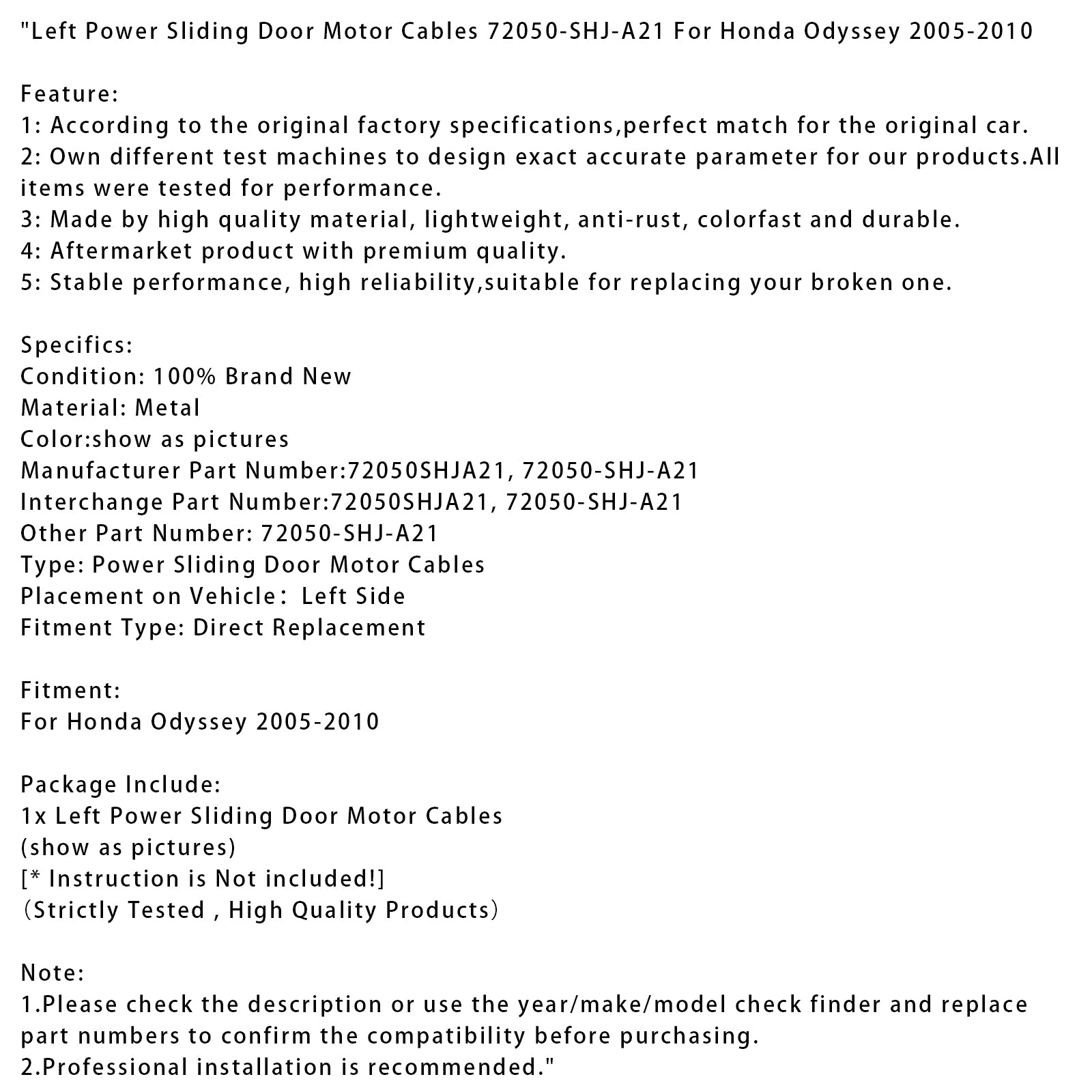 2005-2010 Honda Odyssey Left Power Sliding Door Motor Cables 72050-SHJ-A21