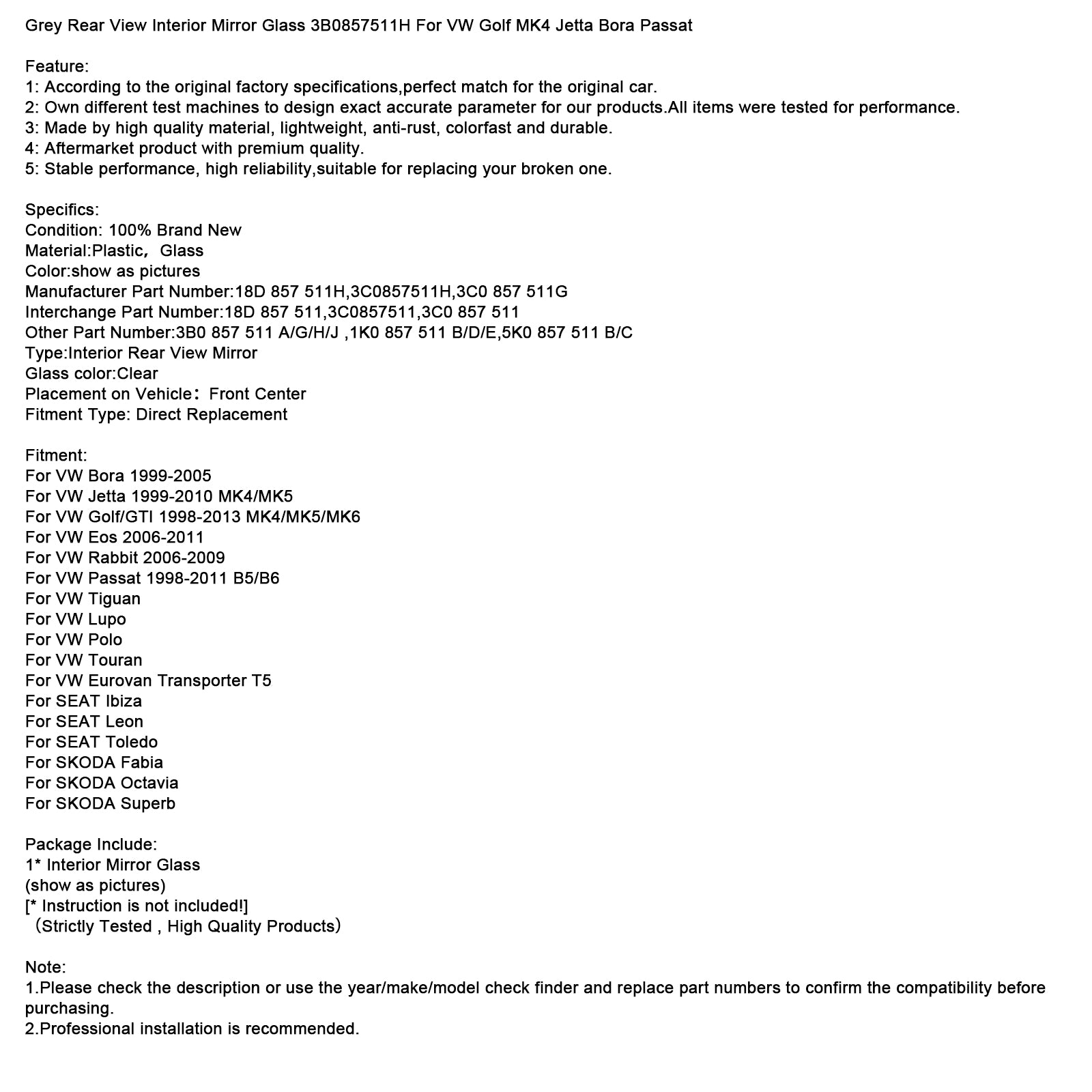 Grey Rear View Interior Mirror Glass 3B0857511H For VW Golf MK4 Jetta Passat