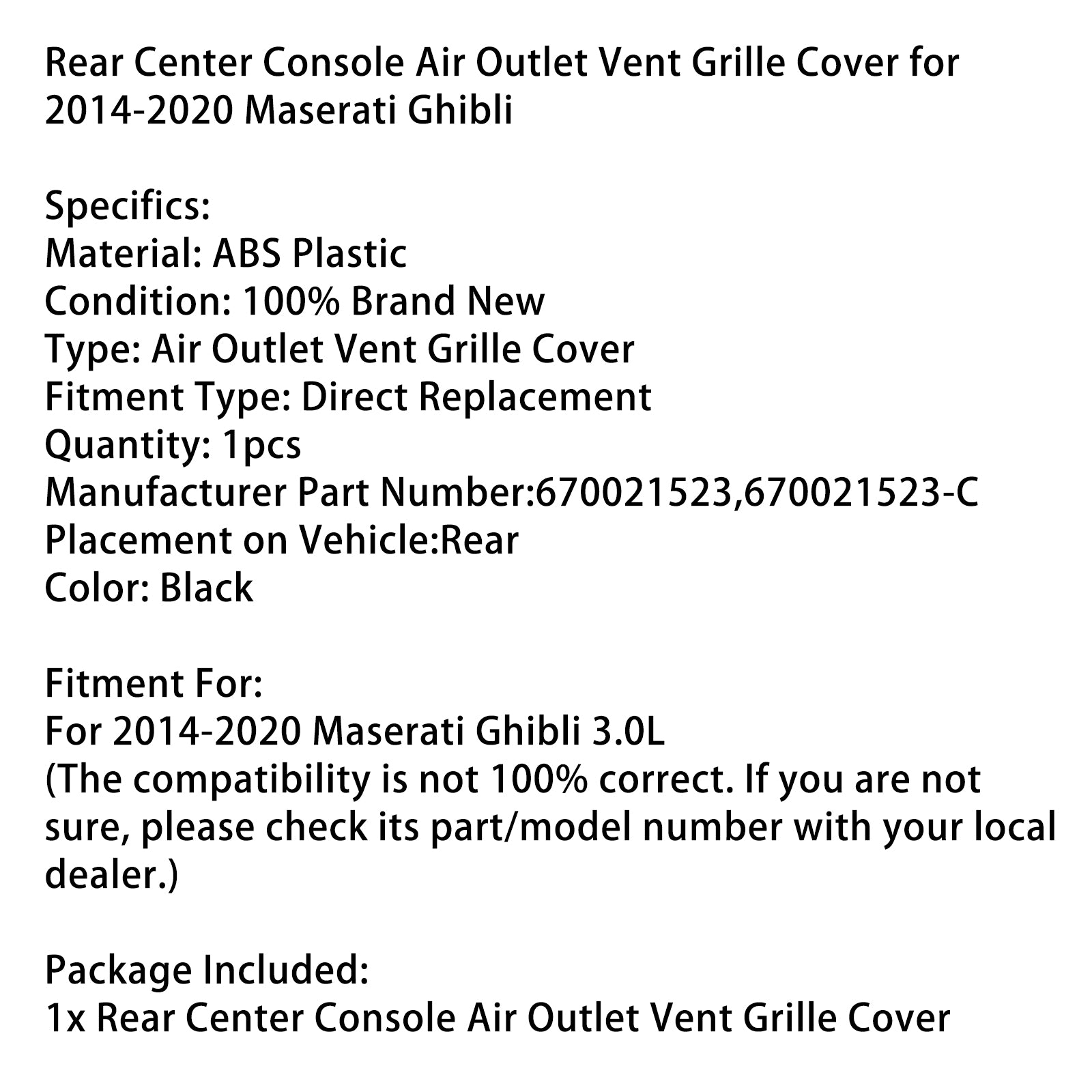 2014-2020 Maserati Ghibli bakre mittkonsol Luftutlopp Ventilatorskydd