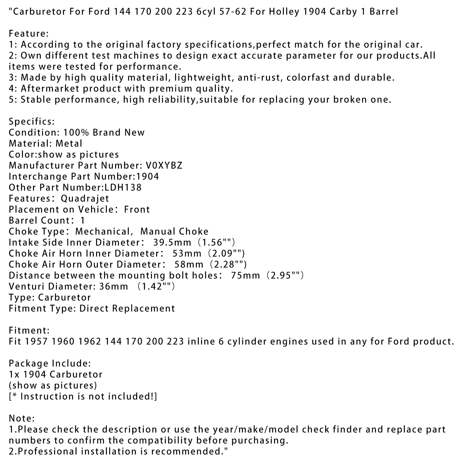 Carburetor For Ford 144 170 200 223 6cyl 57-62 For Holley 1904 Carby 1 Barrel