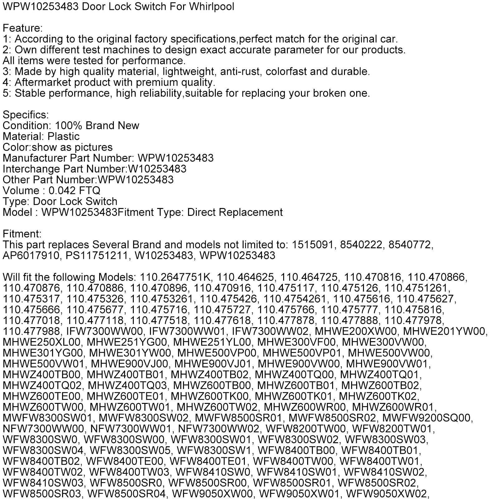 WPW10253483 Deurvergrendelingsschakelaar voor Whirlpool