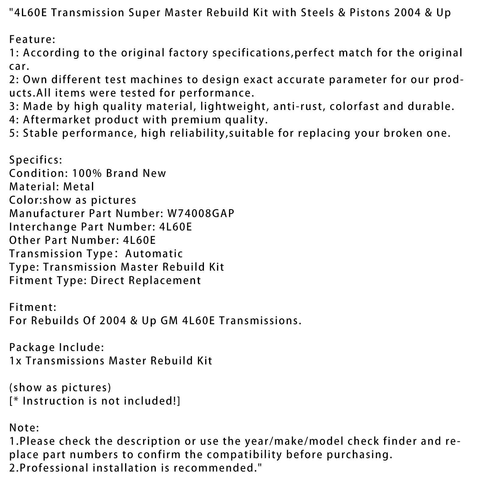 2004 & Kit de reconstrução Super Master de transmissão GM 4L60E com aços & Pistões