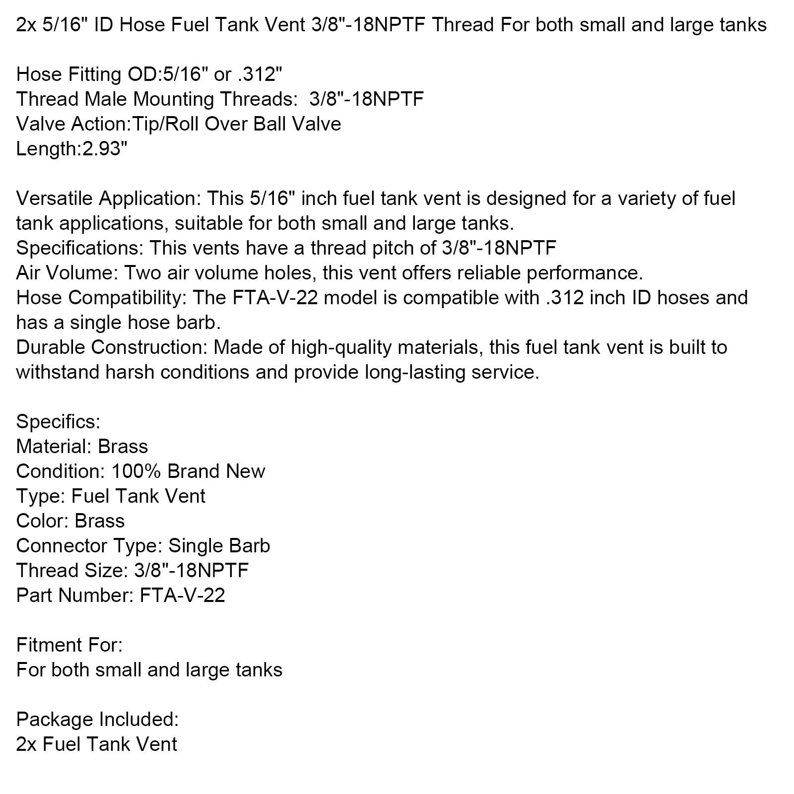 2x 5/16" ID-slange Drivstofftankventil 3/8"-18NPTF-gjenger For både små og store tanker