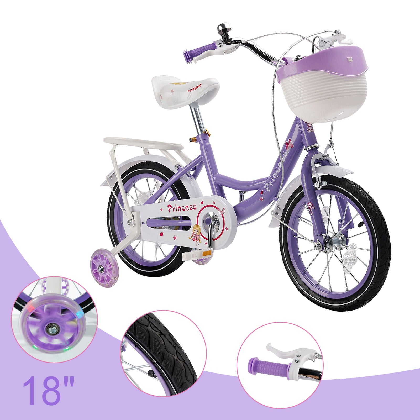 16"/18" Children Princess Bicycle Girls Bike with Removable Training Wheels Pink