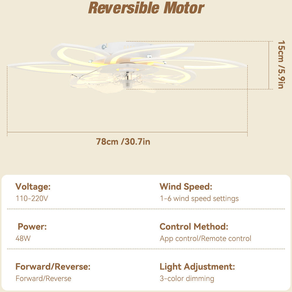 6-Speed Dimmable Quiet for Bedroom LED Ceiling Fan with Light App Control&Remote