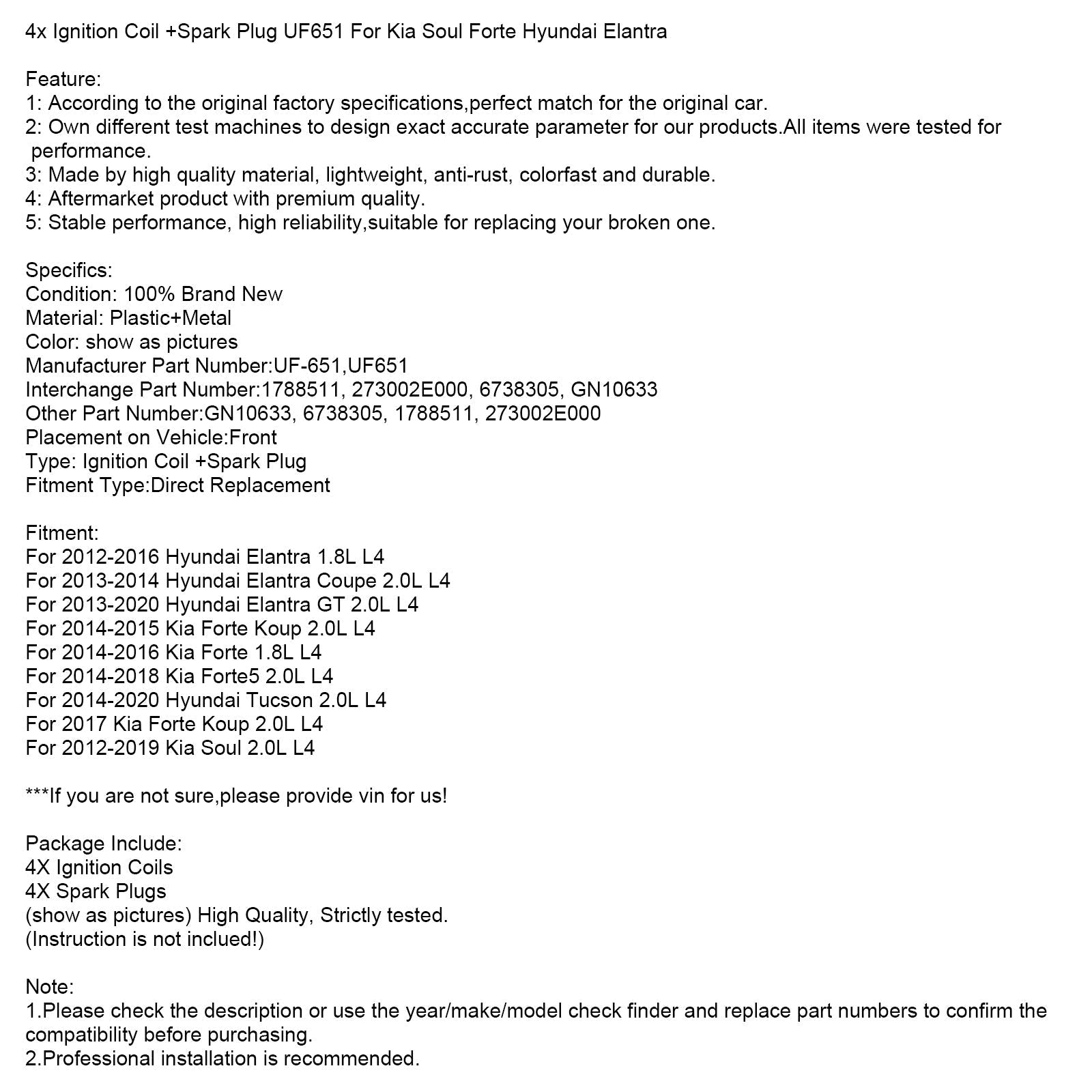 2013-2020 Hyundai Elantra GT 2.0L L4 4x Ignition Coil +Spark Plug UF651 1788511