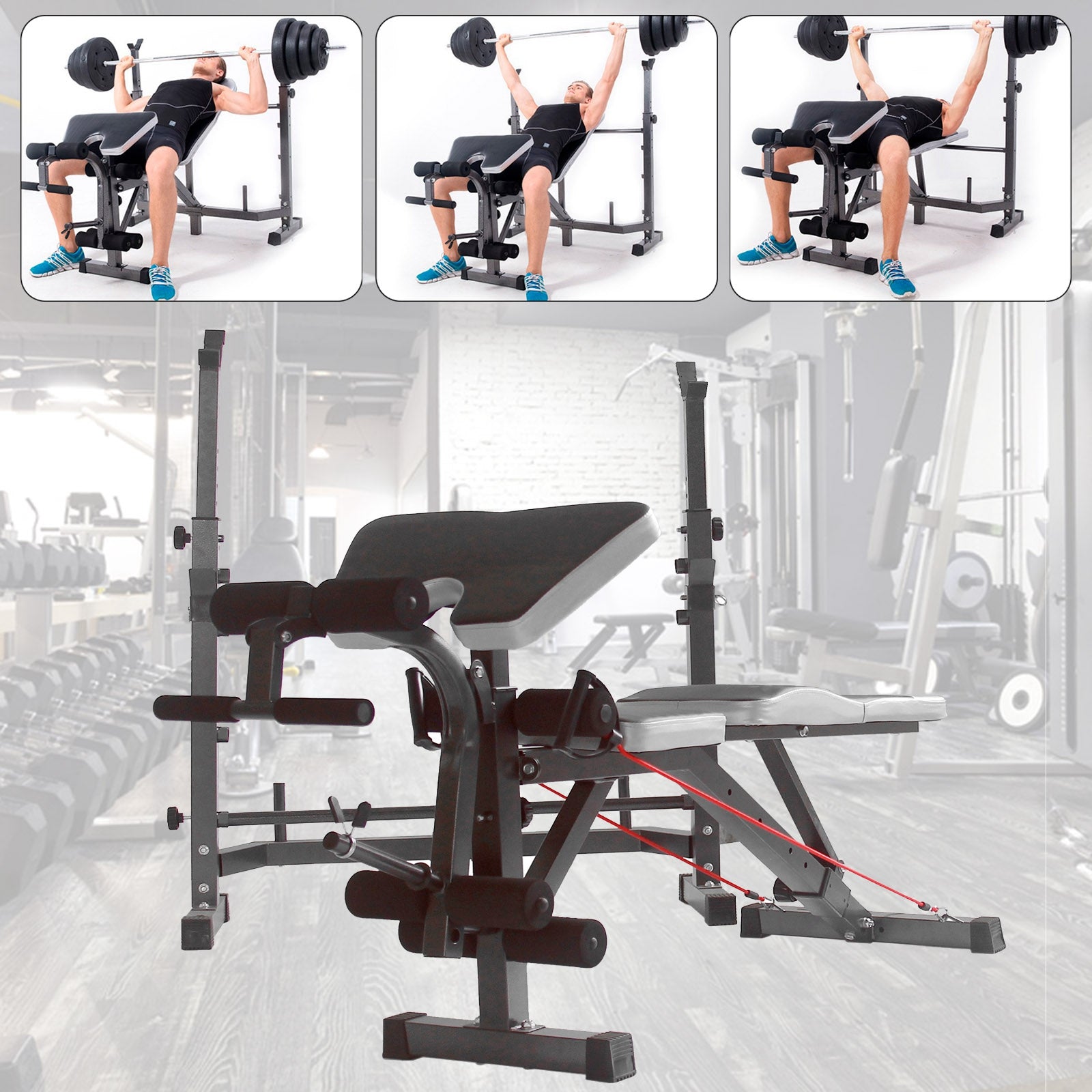 Full Body Workout Adjustable Weight Bench Folding Bench Press W/Barbell Rack