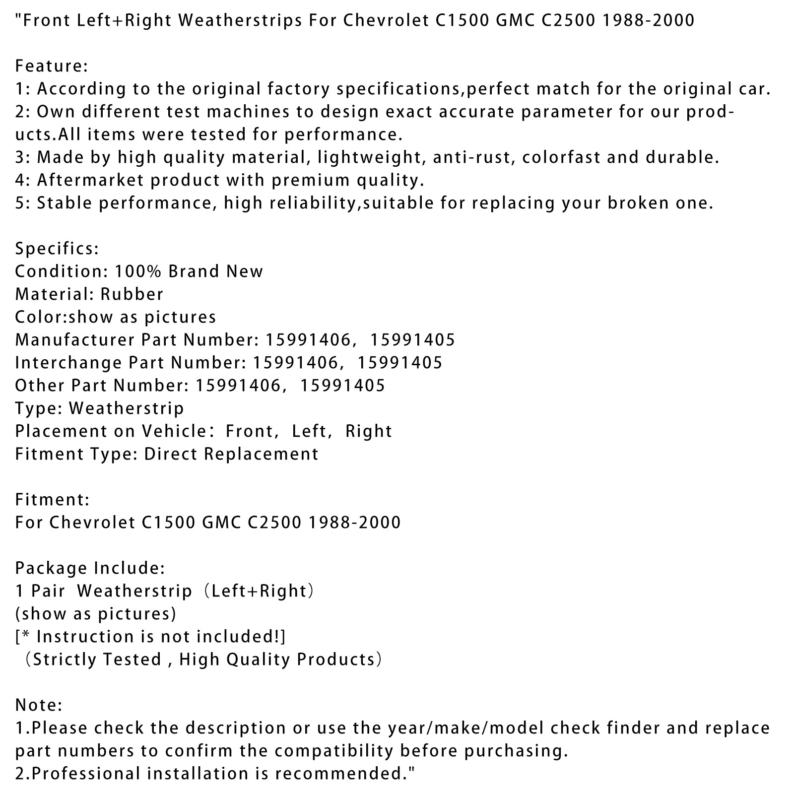 1988-2000 Chevrolet C1500 GMC C2500 Voorste links+rechts tochtstrips