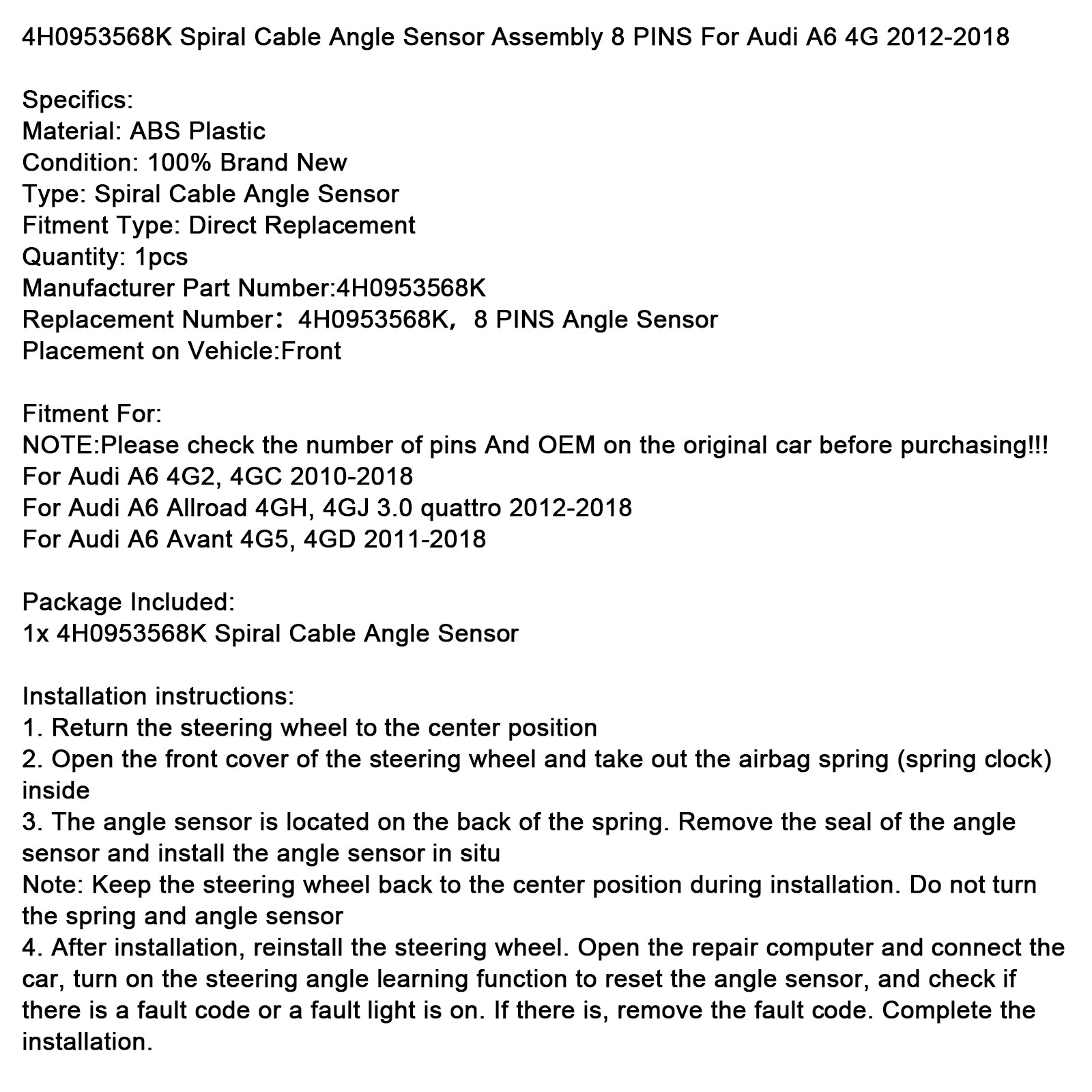 4H0953568K Assemblage du capteur d'angle de câble en spirale 8 broches pour Audi A6 4G 2012-2018