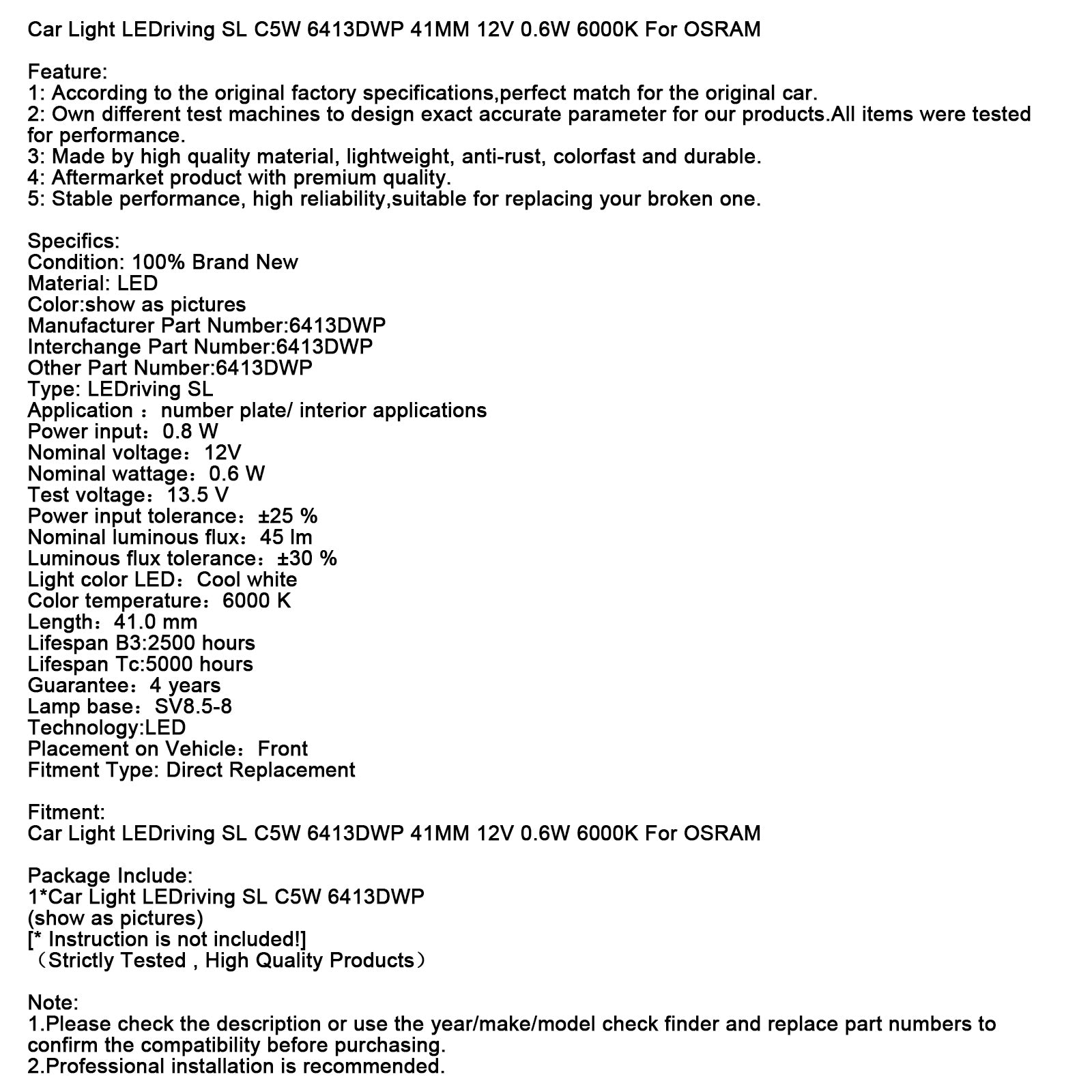 Autolamp LEDriving SL C5W 6413DWP 41MM 12V 0,6W 6000K voor OSRAM