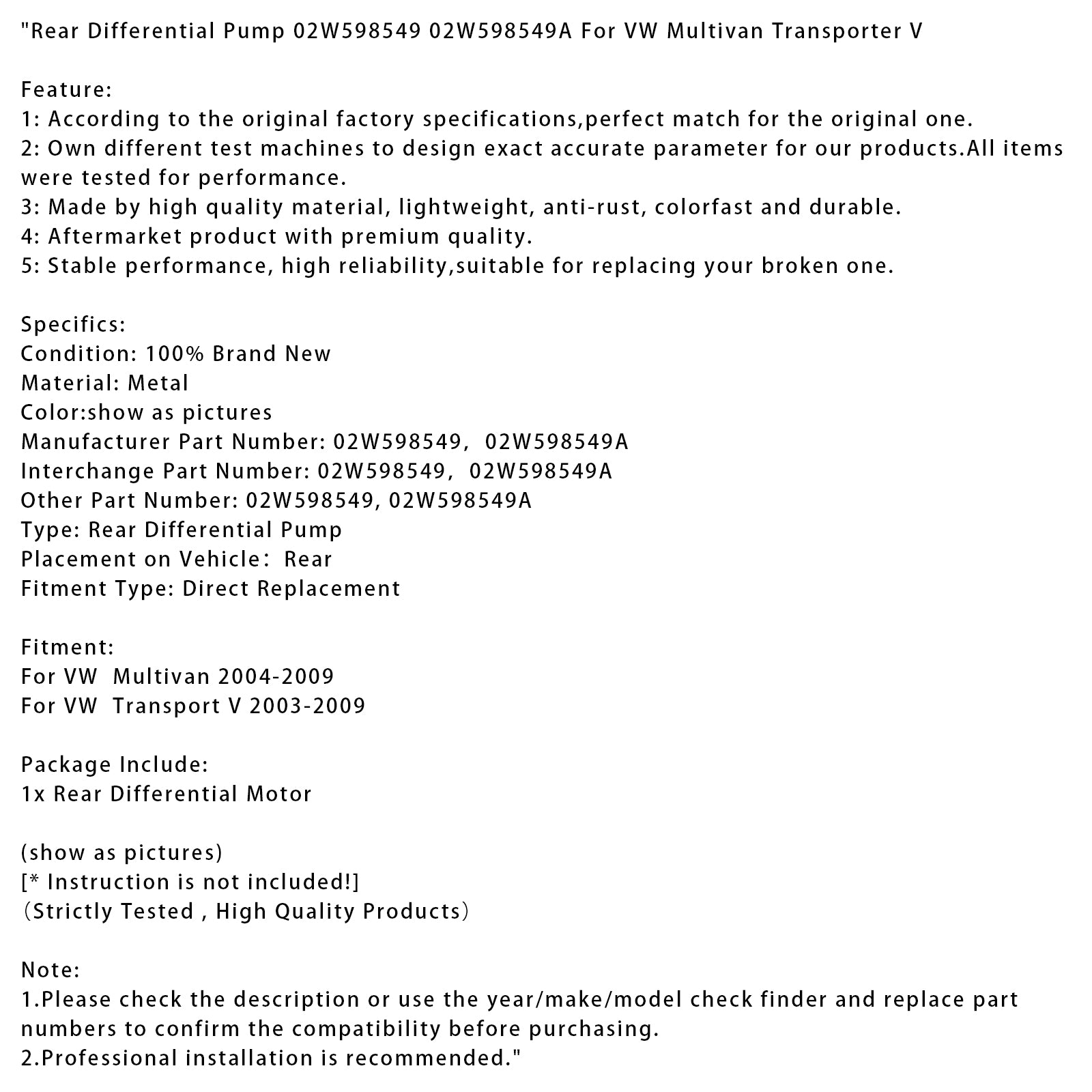 Rear Differential Pump 02W598549 02W598549A For VW Multivan Transporter V