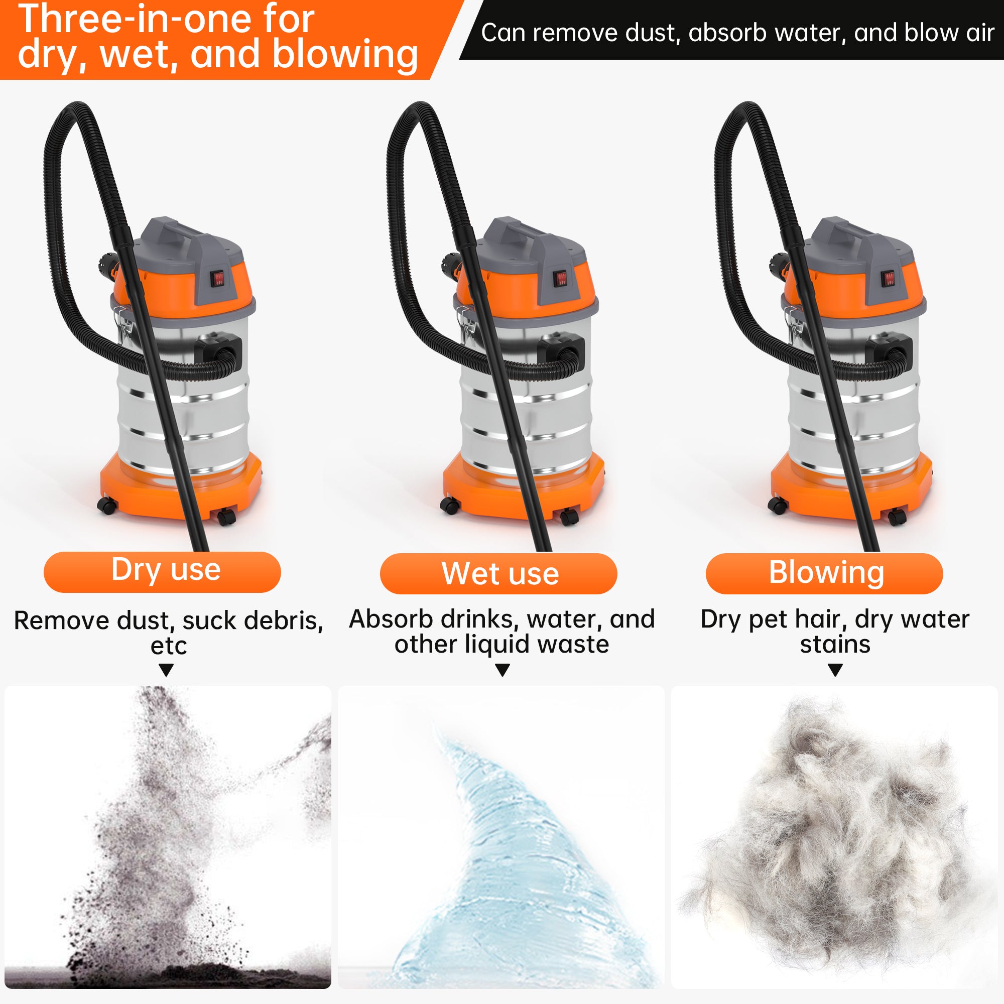 Wet Dry Blow Three Uses 10 Gallon 3200w 8 Peak Hp Stainless Steel Shop Vac Vacuum Cleaner Garage Portable Car Detailing For House Garage Workshop Car