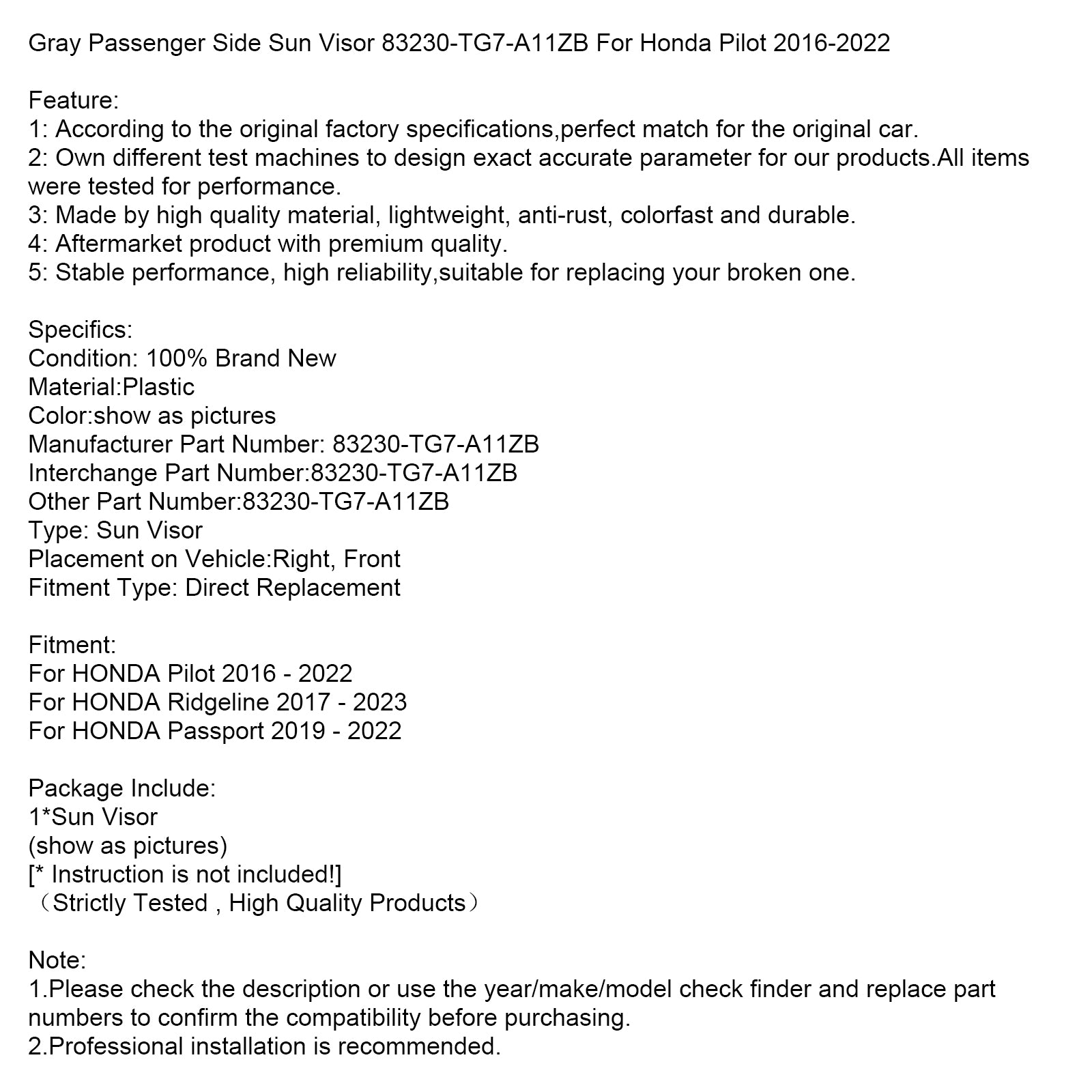 Visera solar lateral derecha gris Honda Pilot 2016-2022 83230-TG7-A11ZB