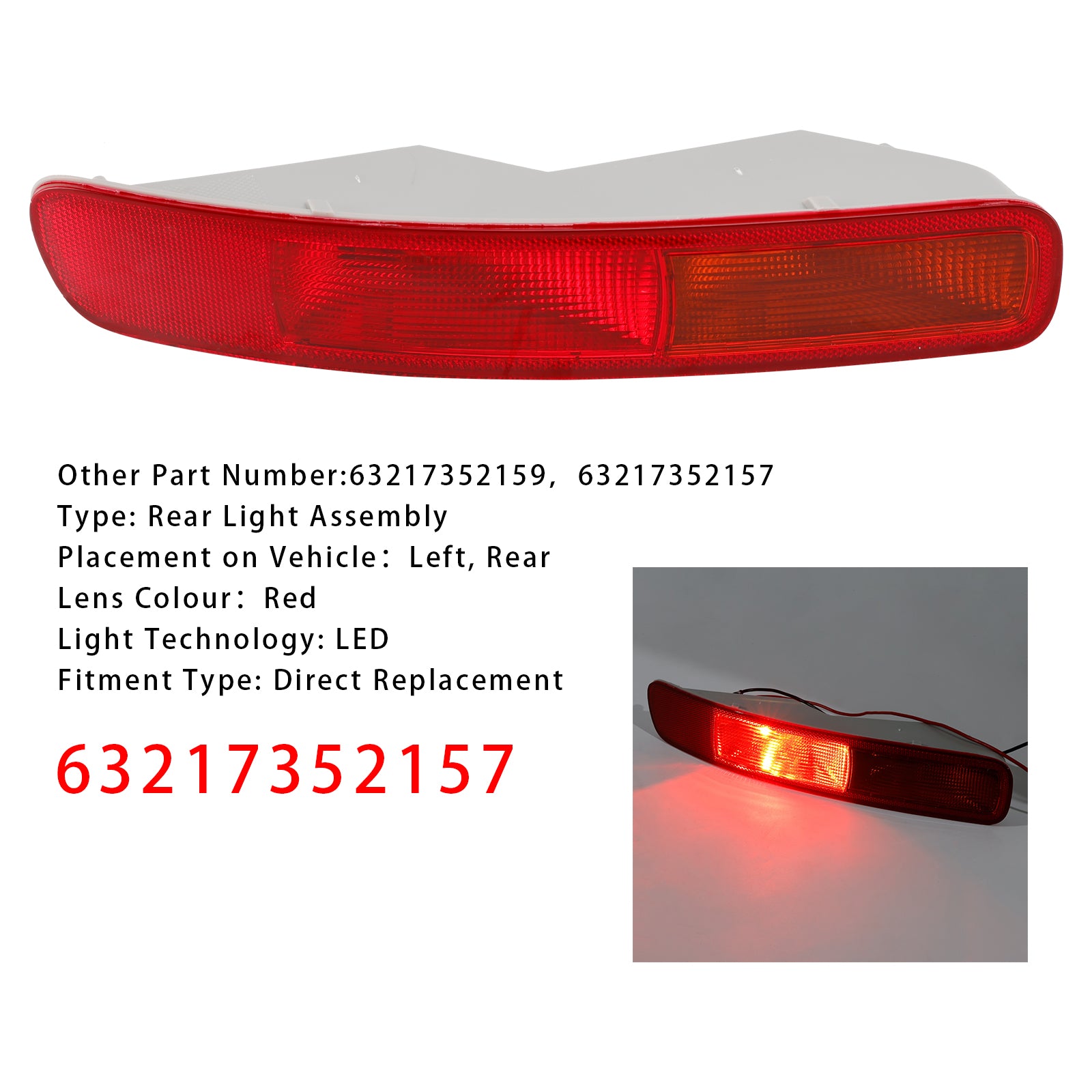 2016-2024 MINI Clubman F54 vänster LED bakre stötfångarljus 63217352157