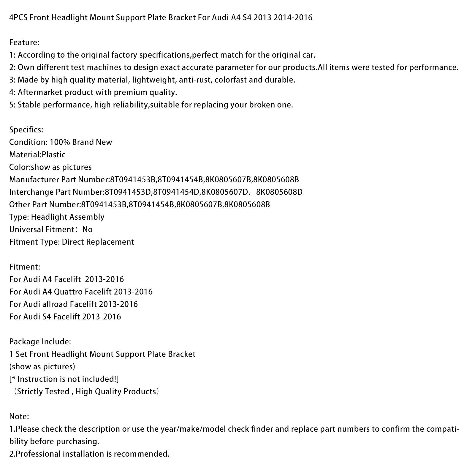 2013-2016 Audi allroad Facelift 4PCS Front Headlight Mount Support Plate Bracket