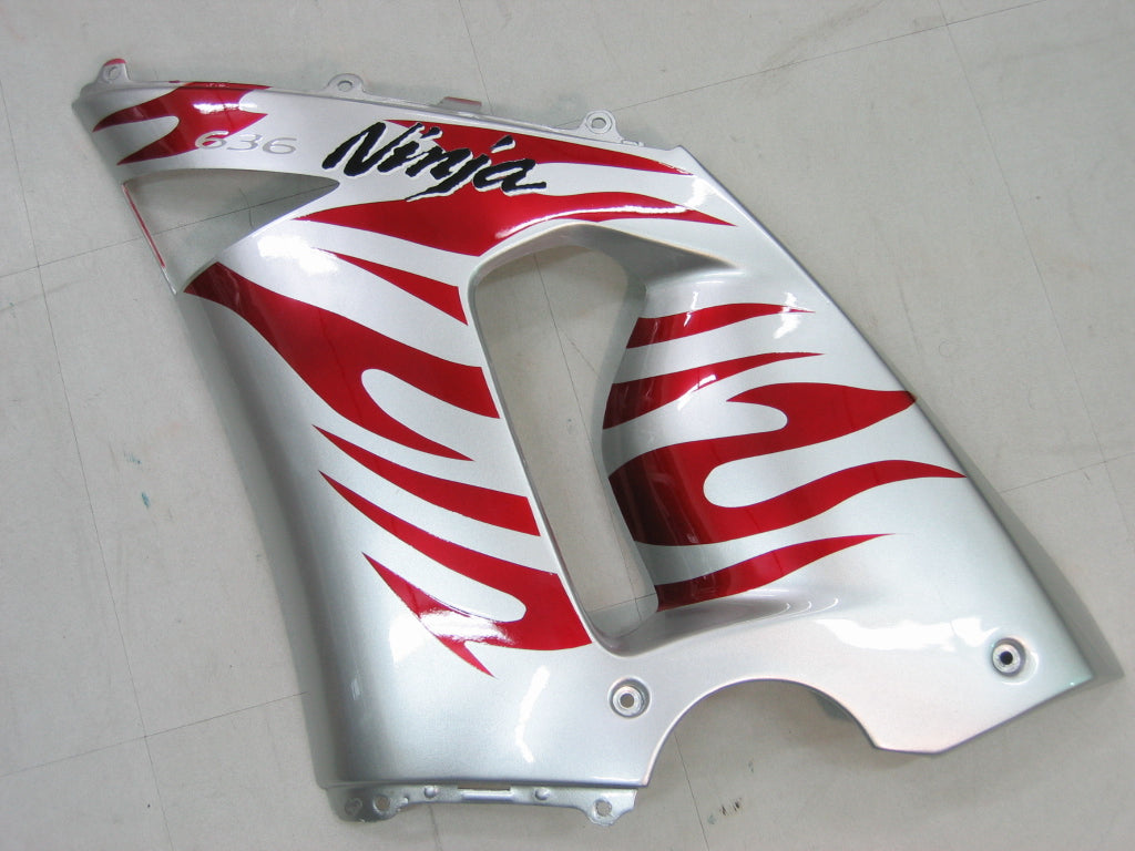 2005-2006 Kawasaki ZX6R 636 Fairings Silver & Red Flame Ninja Racing Generic