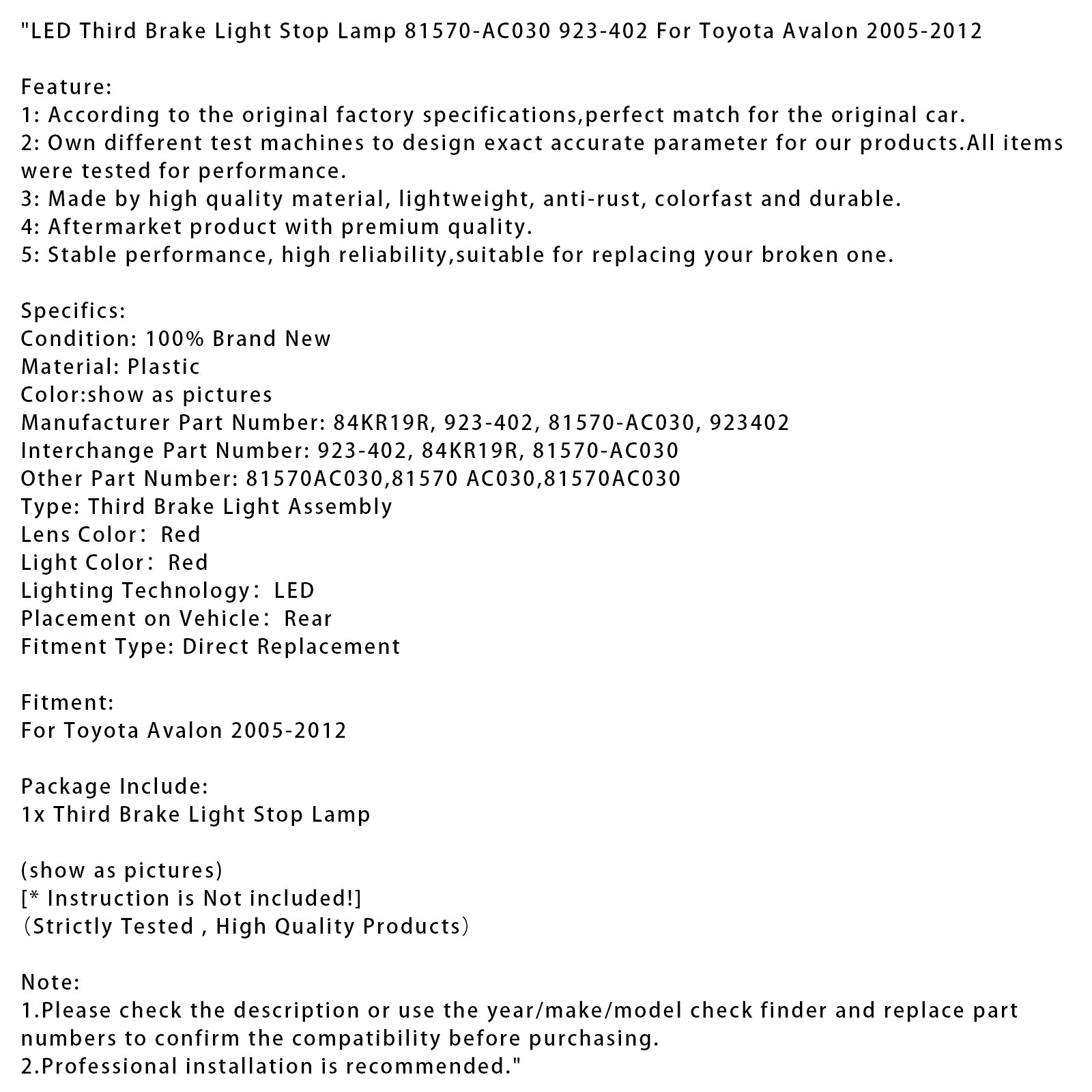 Troisième feu stop LED 81570-AC030 923-402 pour Toyota Avalon 2005-2012