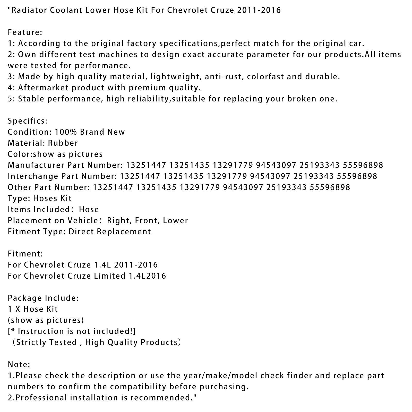 2016 Chevrolet Cruze Limited 1.4L Radiator Coolant Lower Hose Kit 13251447 13251435