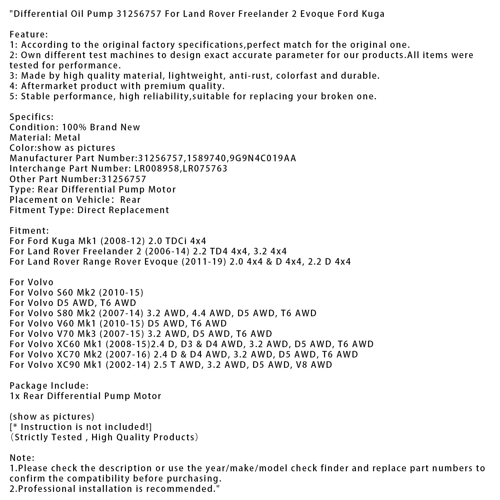 2008-2015 Volvo XC60 Mk1 2.4D D3 & Bomba de aceite diferencial D4 AWD 3.2 AWD D5 AWD T6 AWD 31256757