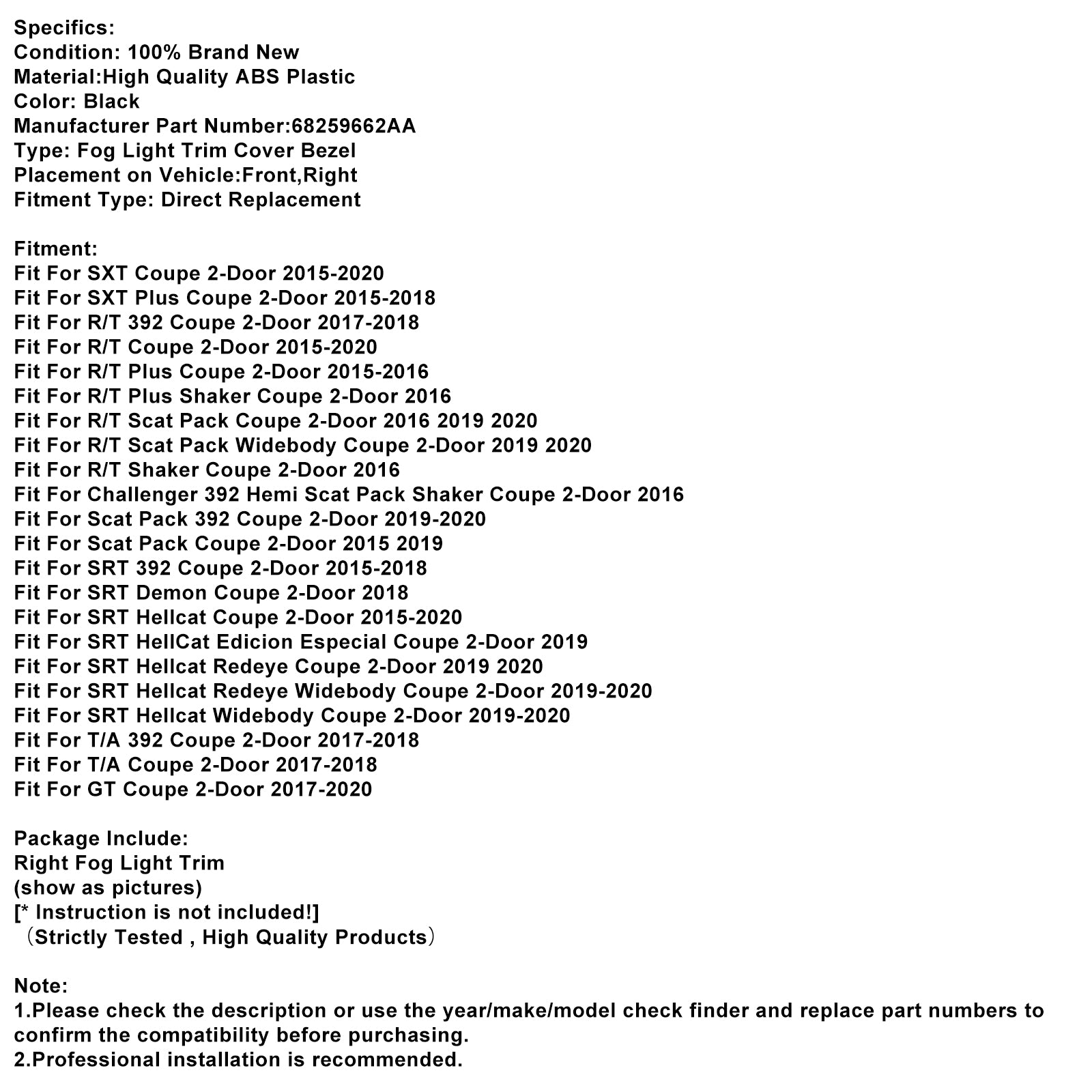 Right Front Fog Light Trim For Dodge Challenger 2015-2021 68259662AA
