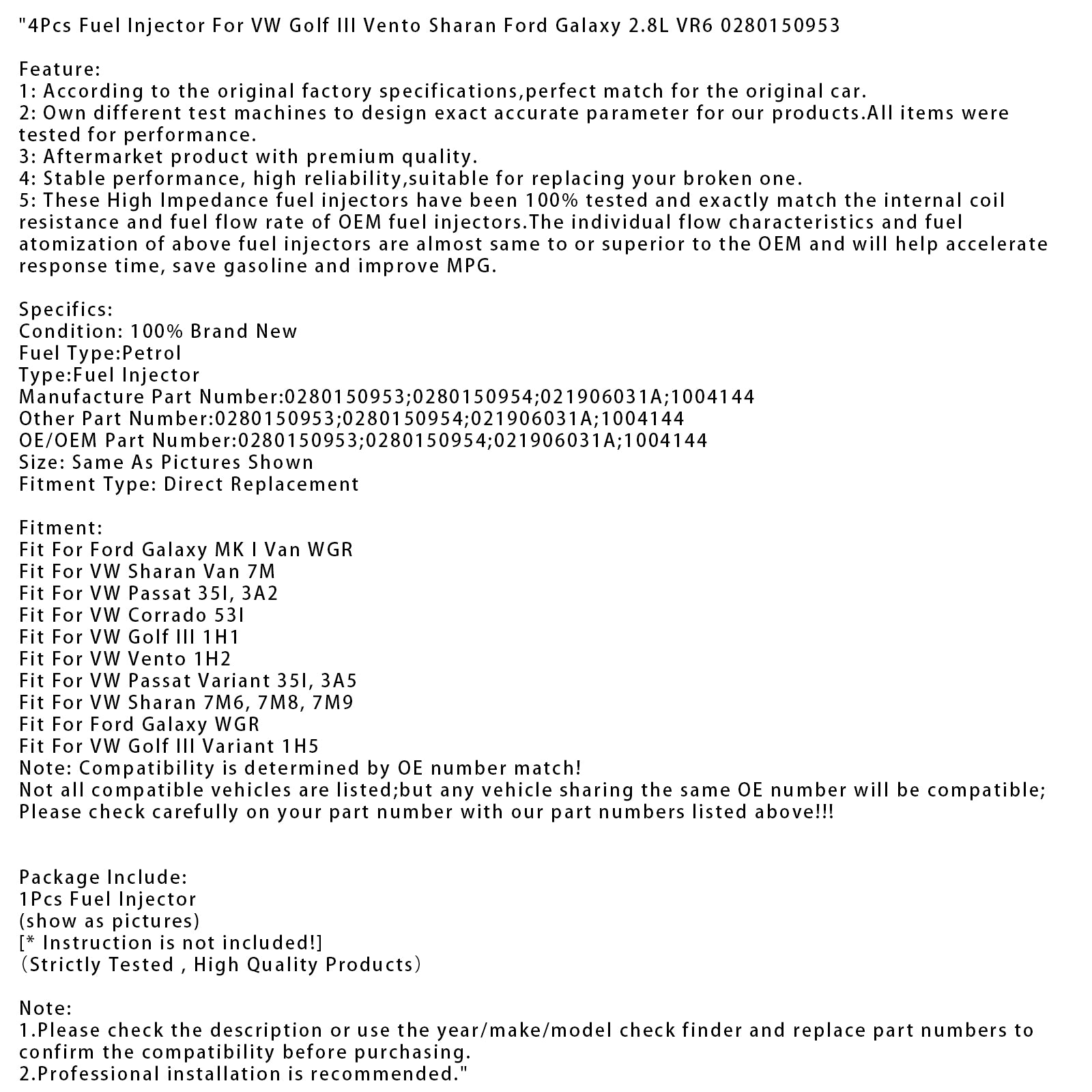 4Pcs Fuel Injector For VW Golf III Vento Sharan Ford Galaxy 2.8L VR6 0280150953