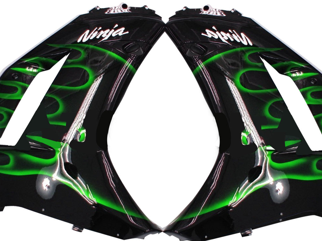 2007-2008 Kawasaki ZX6R ZX636 Fairings Black & Green Flame Ninja Racing Generic