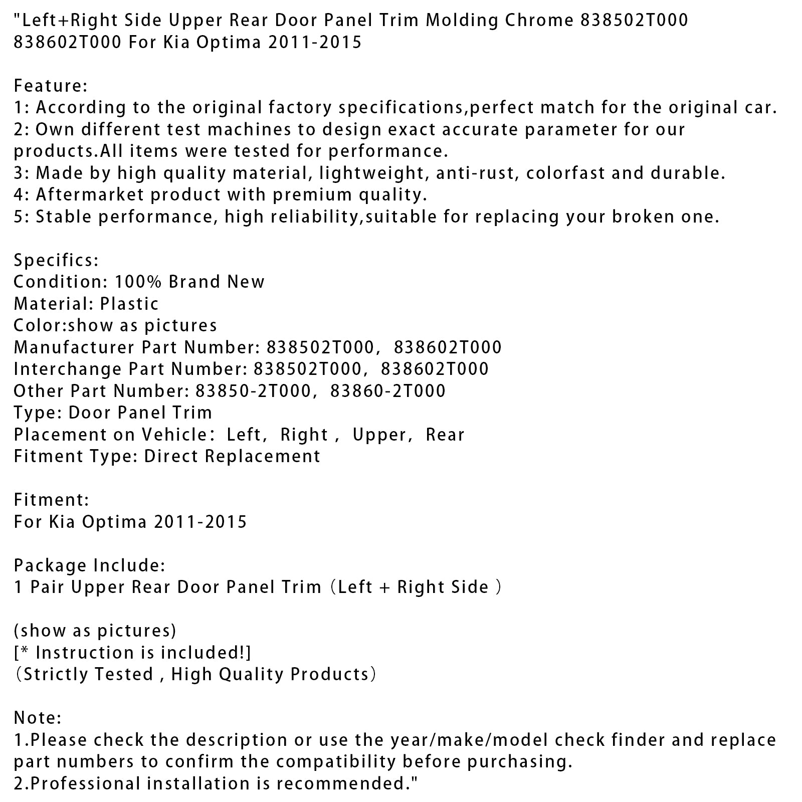 2011-2015 Kia Optima sierlijst bovenste achterdeur links en rechts