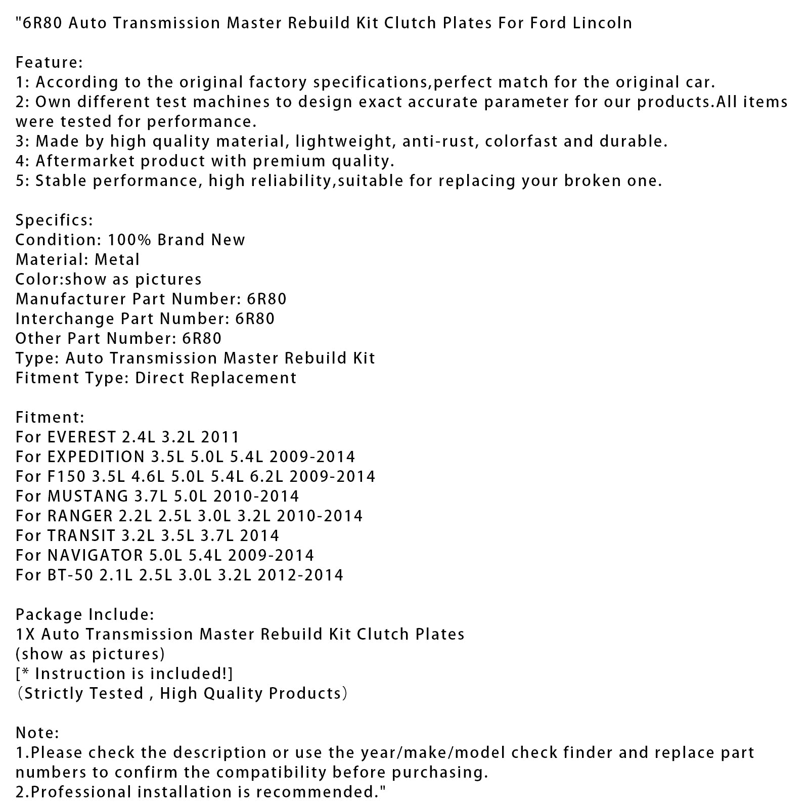 2011 EVEREST 2.4L 3.2L 6R80 Auto Transmission Master Rebuild Kit Koppelingsplaten